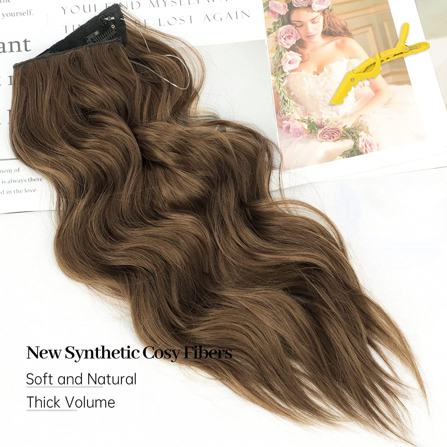 Extensiones de Cabello Natural Ondulado, Extensión de Liga, Extensiones de Cabello Ondulado, Extensiones Halo con Diadema Invisible, 3/4 Cabeza Completa Ondulada Extensiones Cabello con Clip Seguros Extraíbles, Tamaño Ajustable, Resistente al Calor Extraí