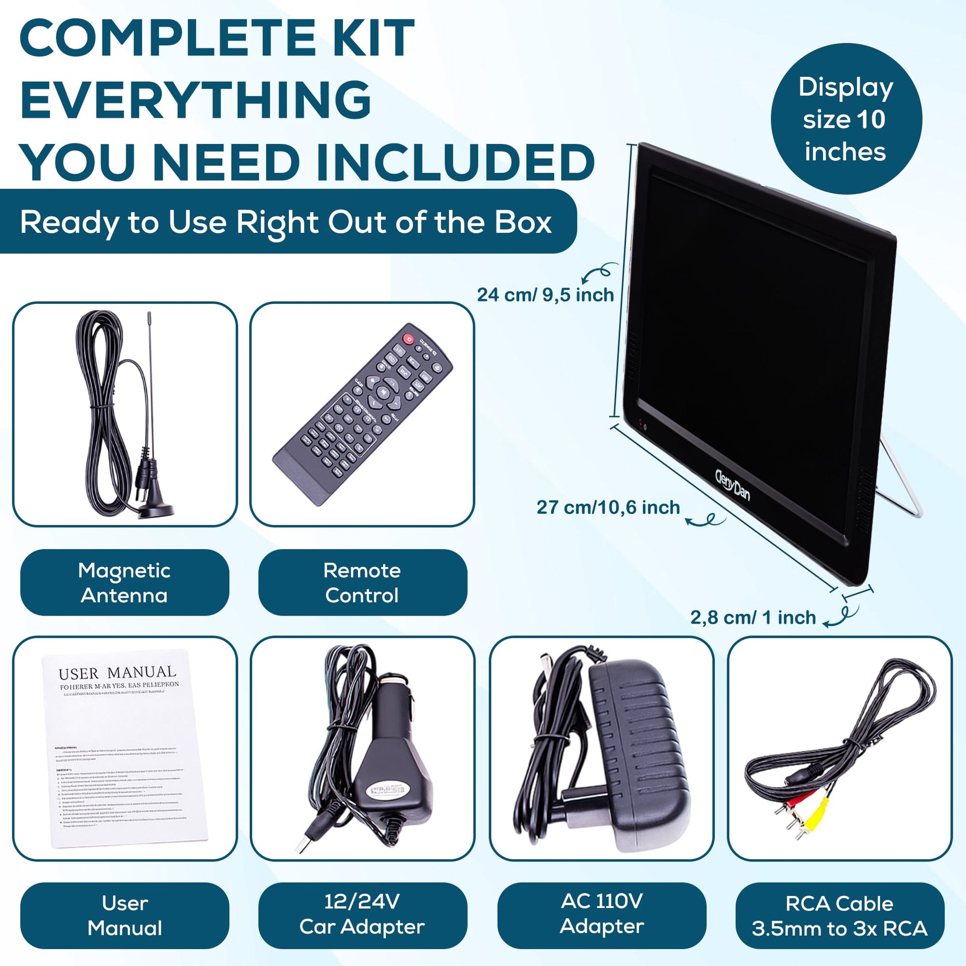 DenyDan Televisión portátil de 10" menús en español, Pantalla LED HD 720p, HDMI/USB/AV/SD, batería 4000 mAh hasta 8 h, 12V/24V/110V, Ideal para Auto, camión, RV y Camping