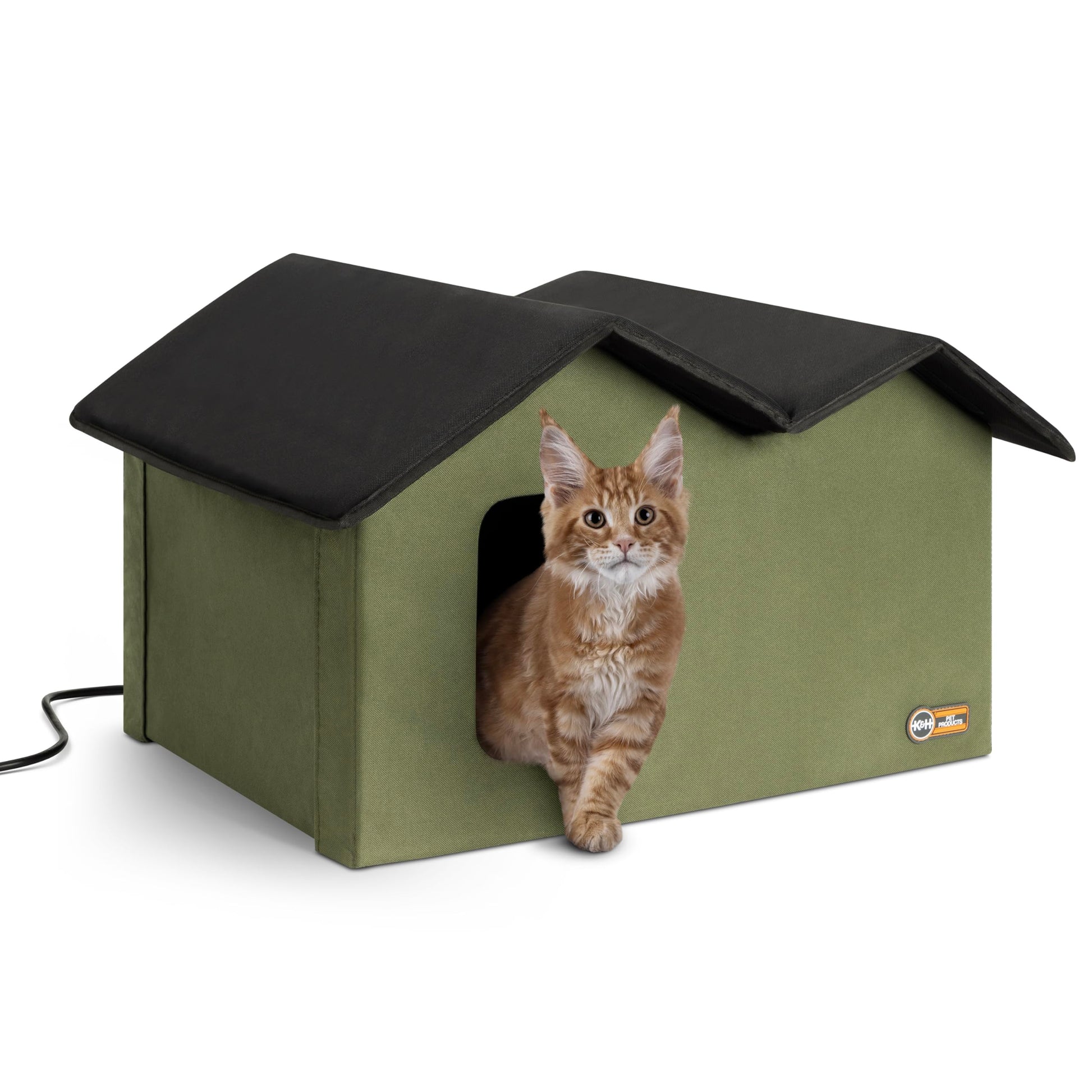K&H PET PRODUCTS Casa de Gatito climatizada al Aire Libre Extra Ancha Verde Oliva 66.5 x 15.5 x 21.5 Pulgadas