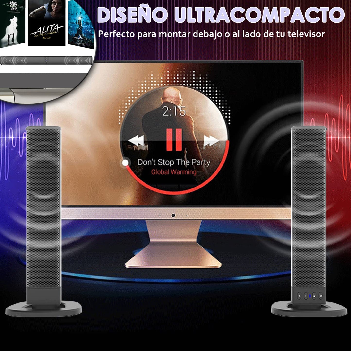 JESUS Barra de Sonido Bluetooth 2 en 1, 4 Desmontable, para TV con Interfaz RCA/AUX 3,5 mm, Compatible con TV, computadora, Tableta, móvil