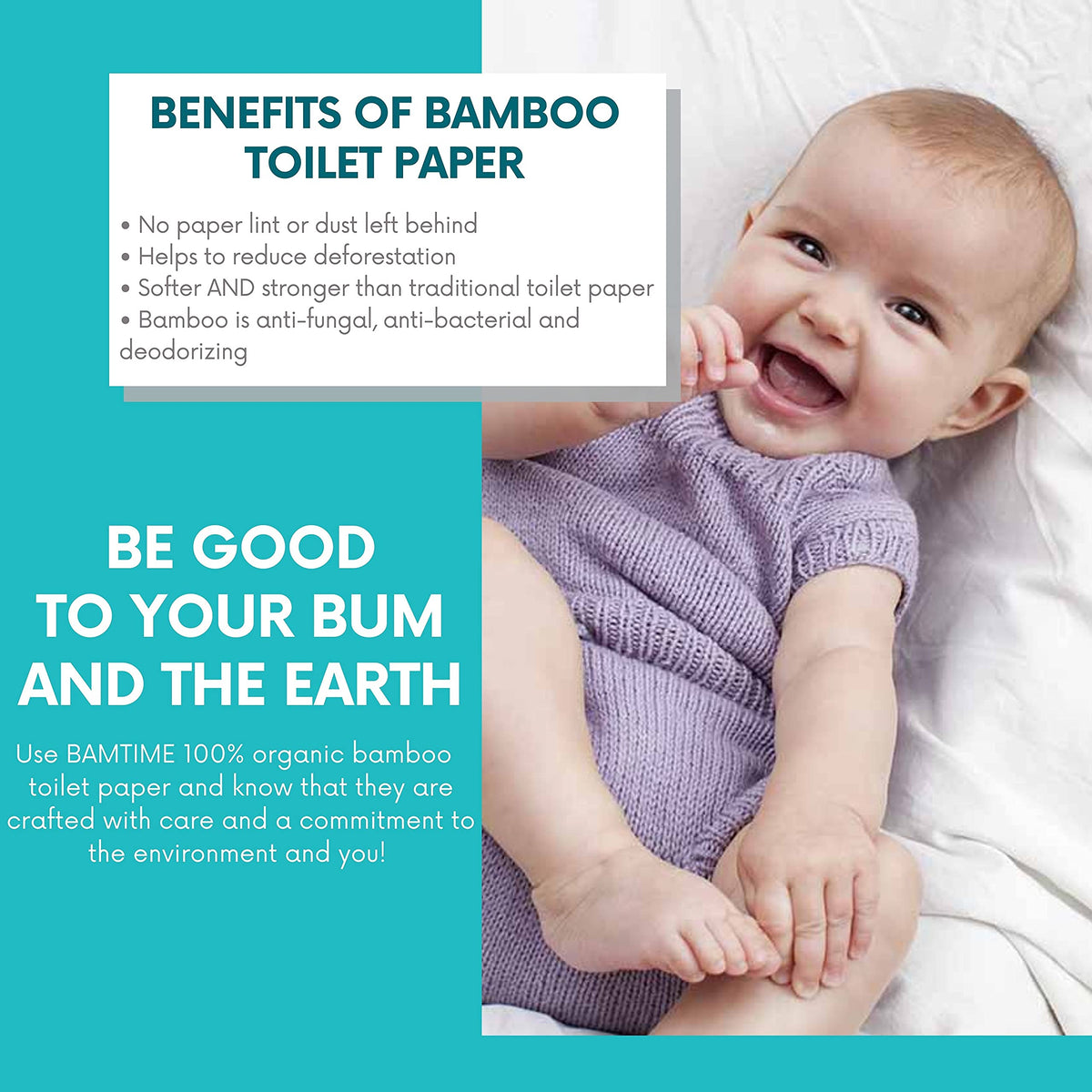 Papel Higiénico BAMTIME Bambú Acolchado 3 Capas, 24 Rollos para Camping y Caravanas