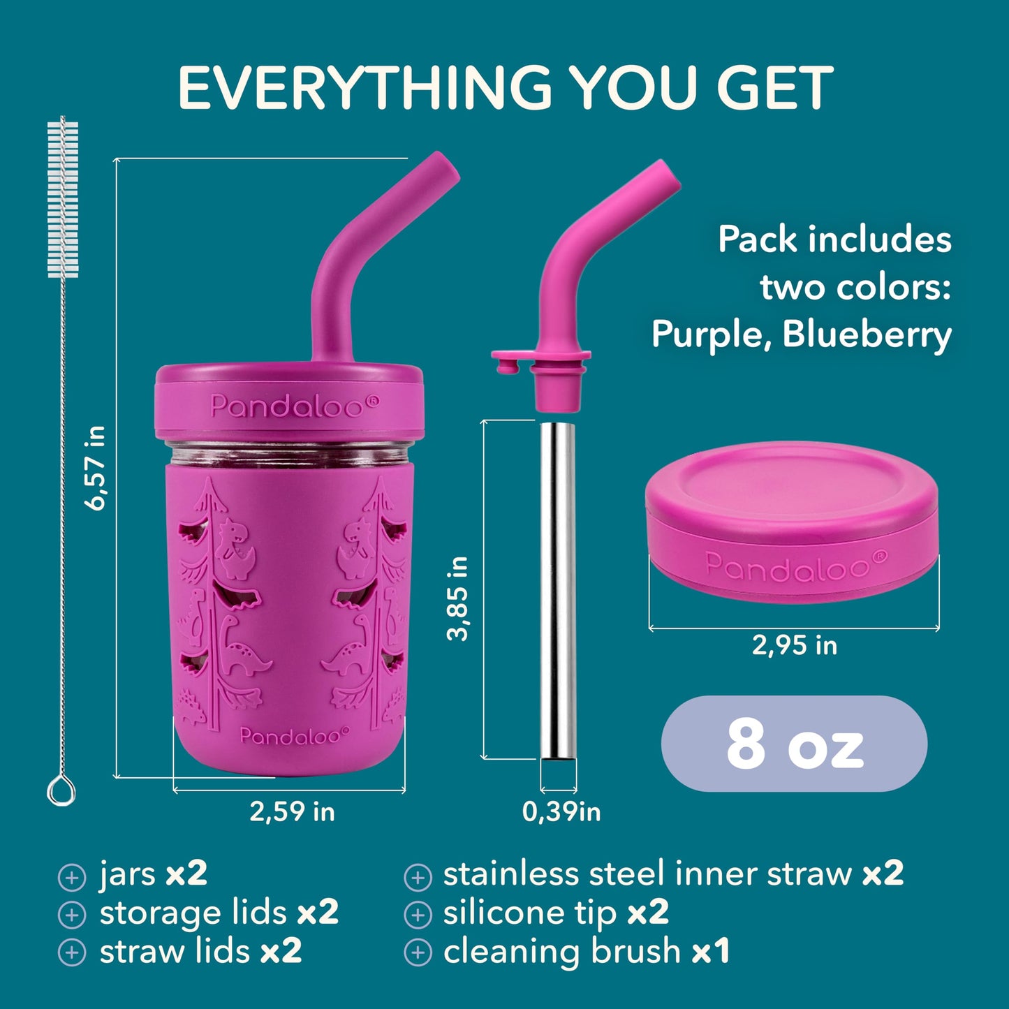 Pandaloo Mason Jar Vaso para Niños Pequeños | Vasos de Vidrio de 8 oz con Funda y Tapas de Silicona | Vasos Resistentes a Derrames para Batidos y Aperitivos para Niños | Sin BPA | Pajita Interior de