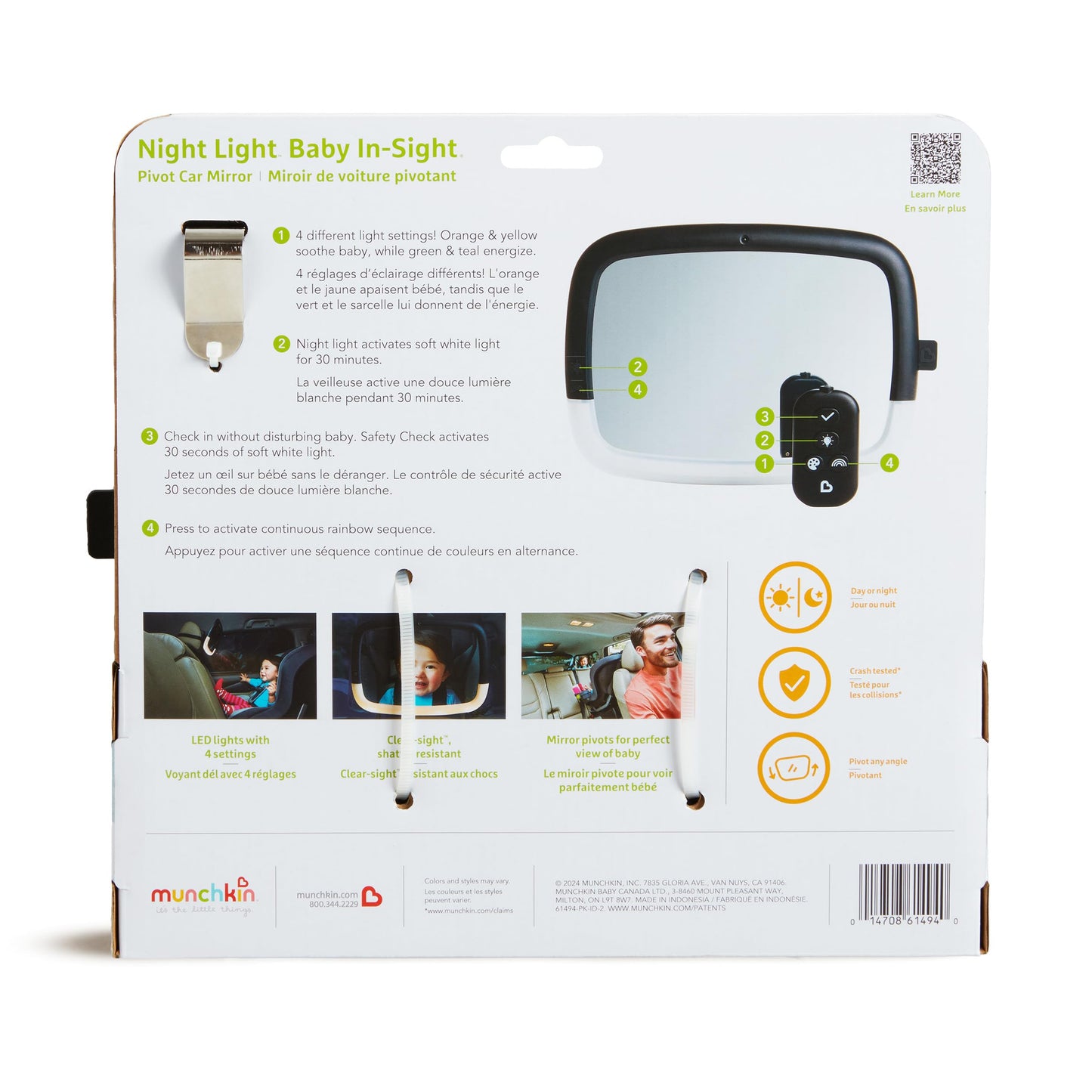Munchkin - Espejo de coche para bebé orientado hacia atrás para asientos de coche, luz nocturna LED Pivot 360, espejo automático ajustable para bebé, color negro