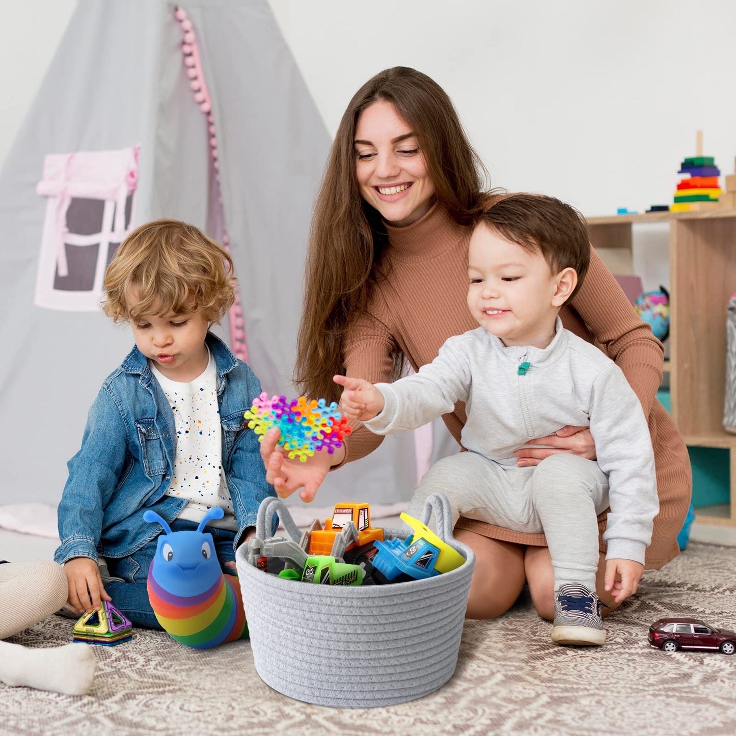 Cafshion - Organizador de juguetes para orejas de gato pequeñas, cesta de cuerda de algodón tejida, contenedores decorativos para guardería y cajas, cesta de regalo vacía para almacenamiento de
