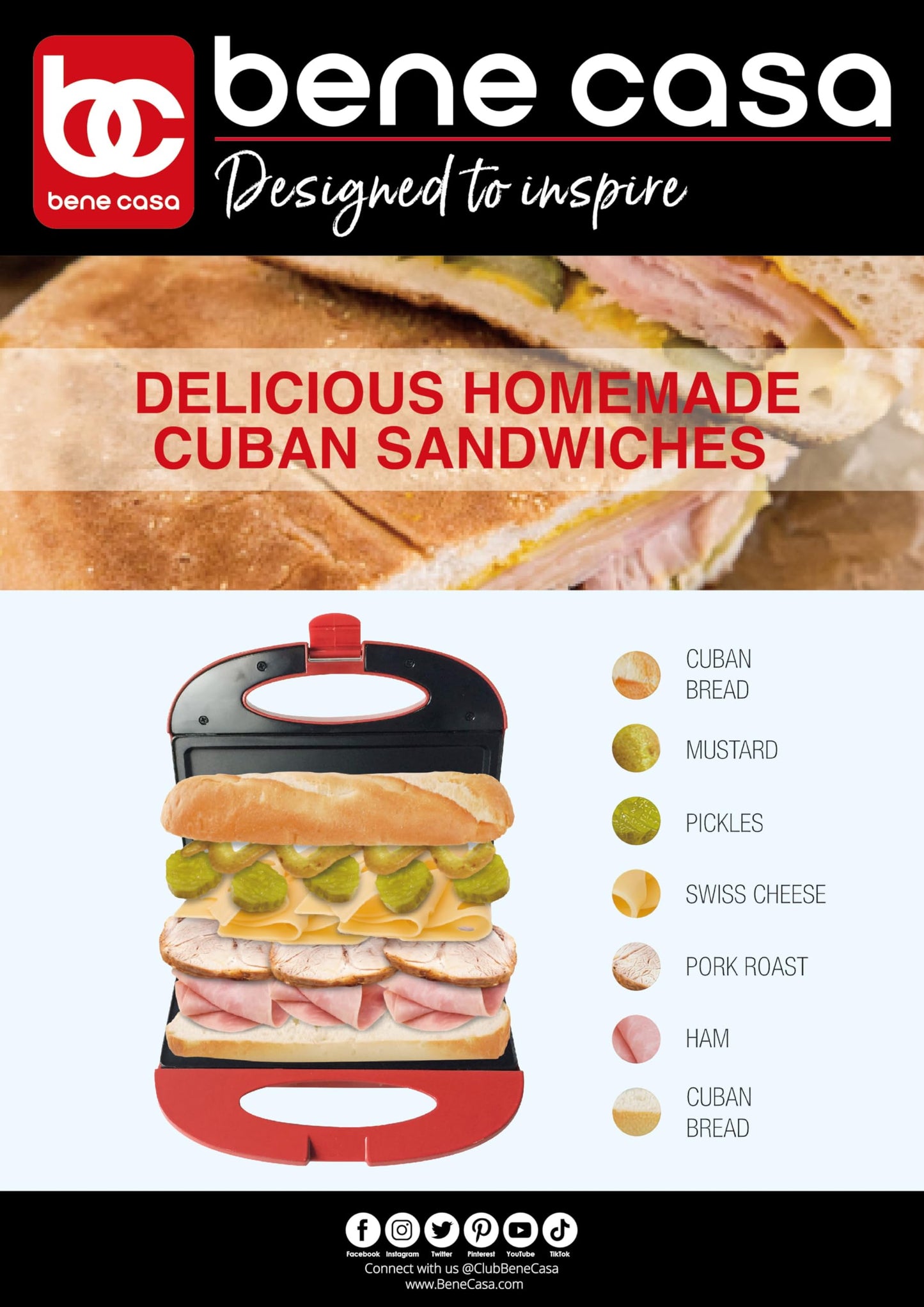 Bene Casa - Sandwichera de parrilla plana antiadherente roja - Incluye asas de tacto frío y superficie de cocción de aluminio fundido a presión