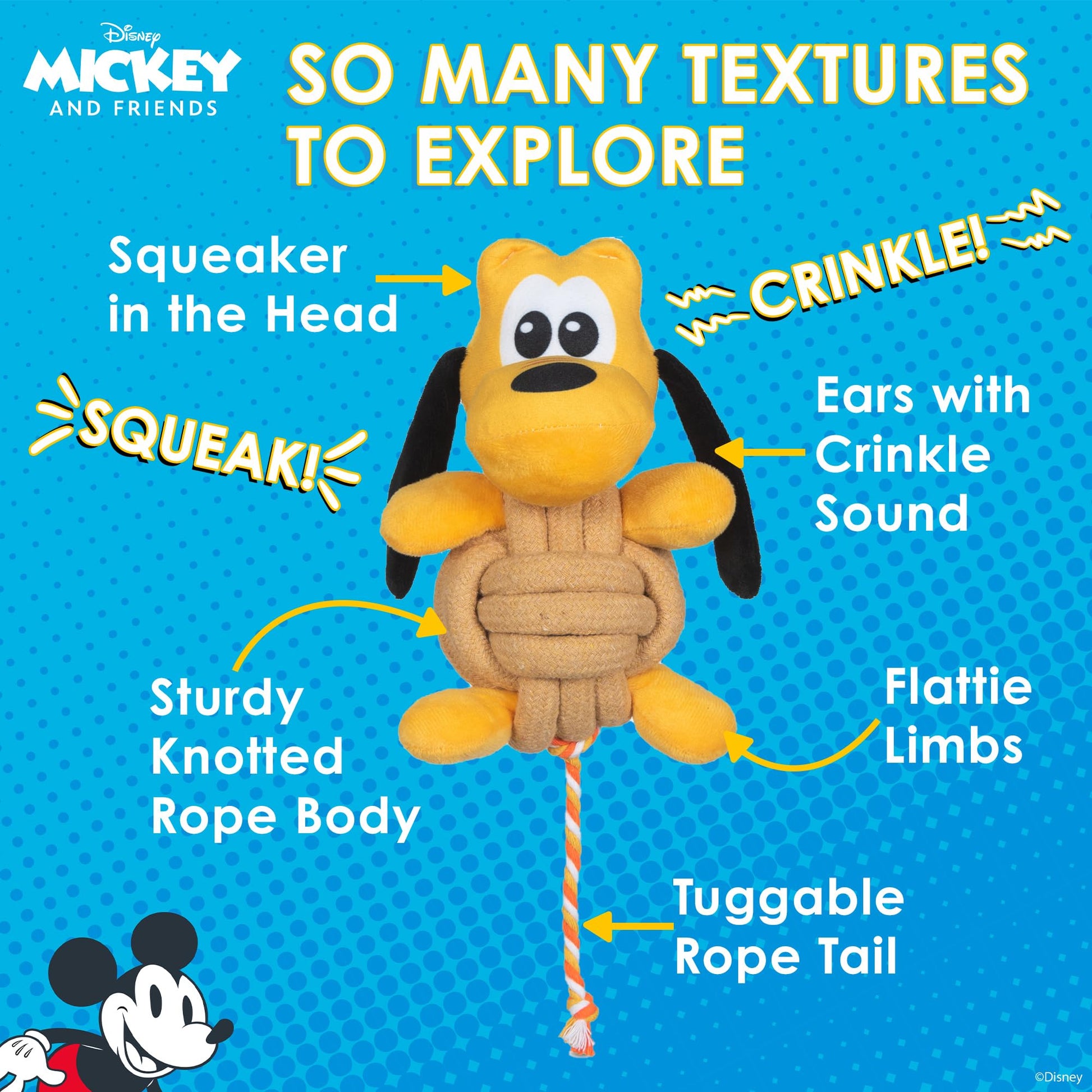 Disney for Pets Pluto Knotty Rope Juguete para Mascotas con chirriador, 9 Pulgadas | Juguetes chirriantes para Perros | Juguete de Cuerda para Perros Inspirado en Plutón de Mickey y Amigos