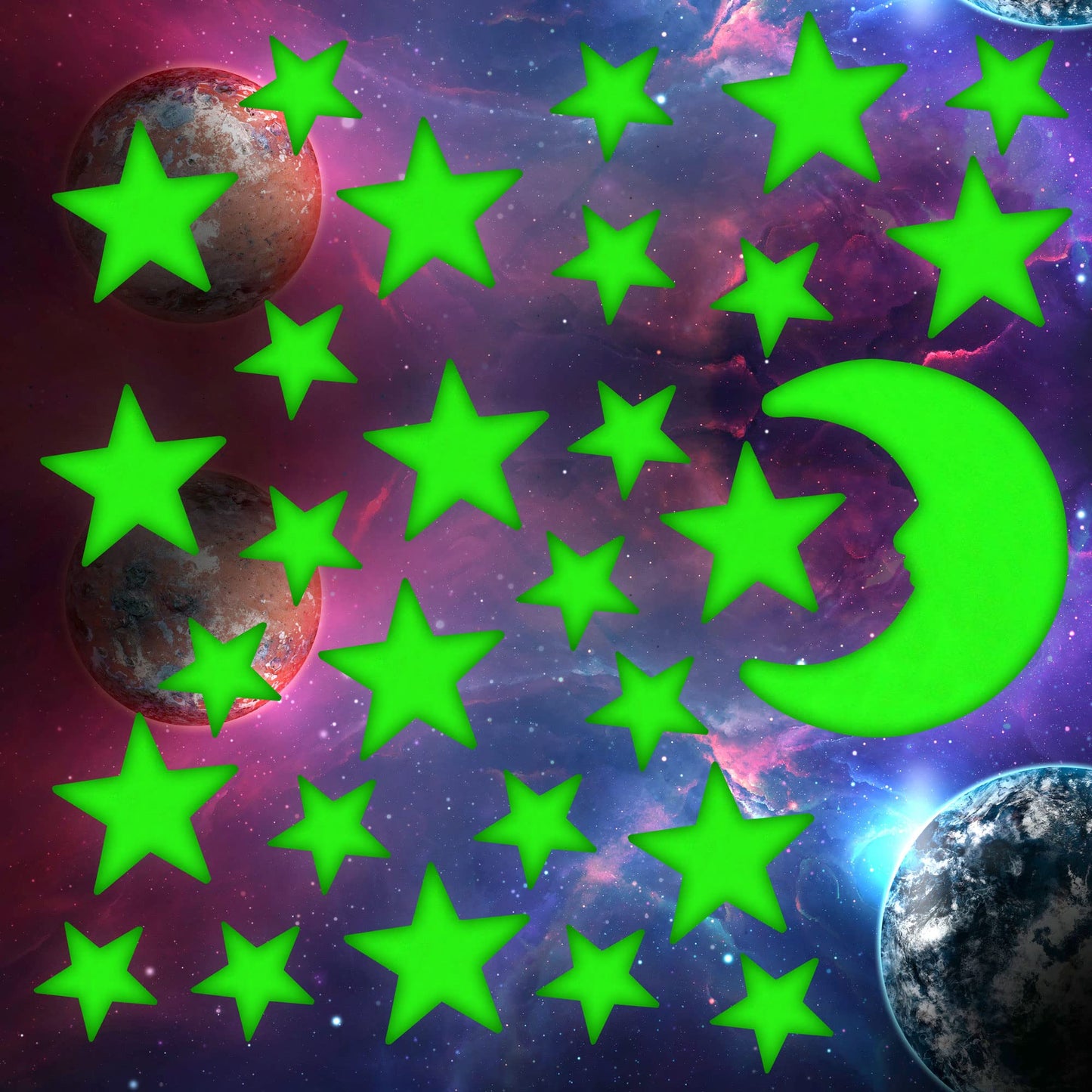 Juego de 201 pegatinas de luna grandes que brillan en la oscuridad con estrellas fluorescentes, luminosas de diferentes tamaños, decoración de techo para dormitorio de niños, fiesta de cumpleaños