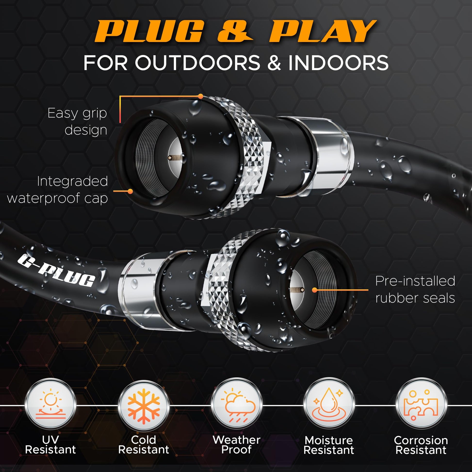 G-PLUG Cable Coaxial RG6 75 Ohm, Triple Blindaje, Impermeable, Conectores F Tipo Macho a Macho, Cable Antena TV, Satelital e Internet Banda Ancha, Incluye Acoplador F81, Negro