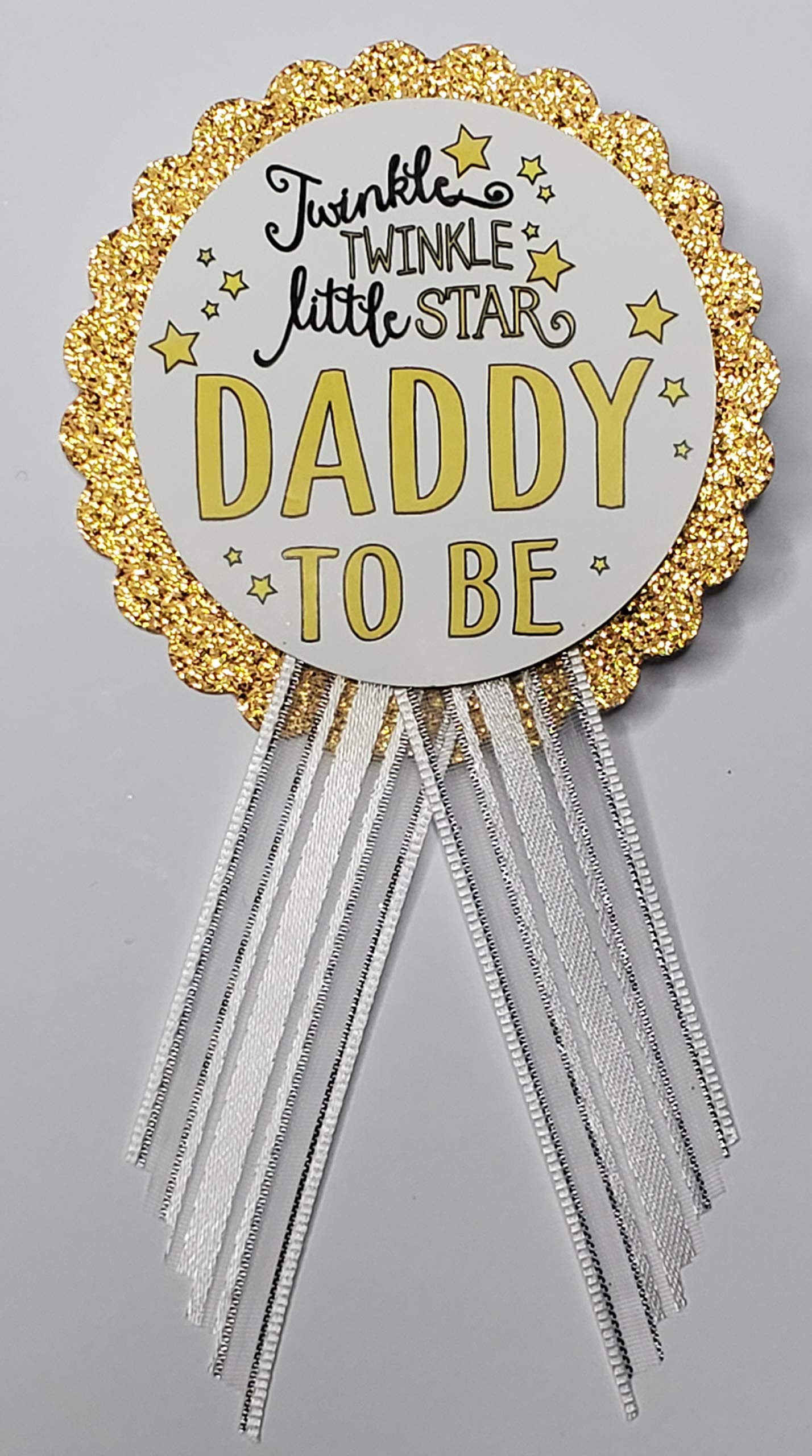 Twinkle Little Star - Juego de alfileres para baby shower – Cintas de satén blanco y purpurina dorada para mamá y papá a ser, Una talla, Cartulina cartulina cinta de satén pin de acero inoxidable, No