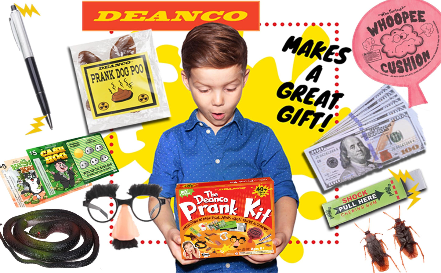 DEANCO - Kit de broma, caja de broma, juego de regalo definitivo, bromas prácticas, recuerdos de fiesta, 40 piezas, juguetes para niños de 8 a 10 años, bromas de abril