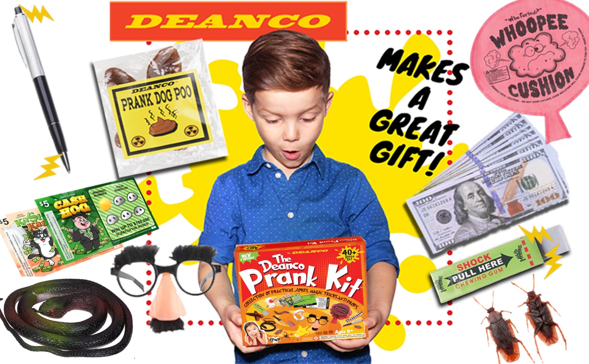 DEANCO - Kit de broma, caja de broma, juego de regalo definitivo, bromas prácticas, recuerdos de fiesta, 40 piezas, juguetes para niños de 8 a 10 años, bromas de abril
