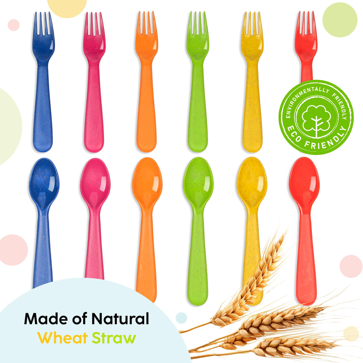 PLASKIDY Juego De 12 Utensilios De Paja De Trigo Para Niños, Tenedores Y Cucharas Sin BPA, Apto Para Lavaplatos, Juego De Cubiertos De Colores Brillantes