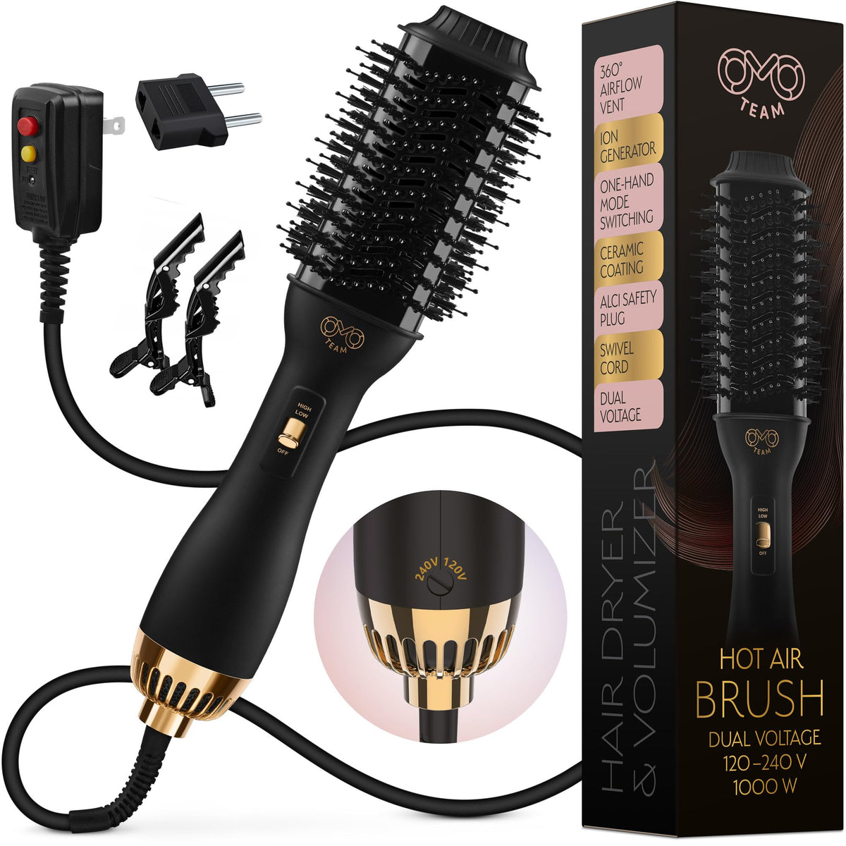Cepillo Secador de Pelo OMOteam Negro y Dorado de Doble Voltaje para Viajes en Europa para Mujer
