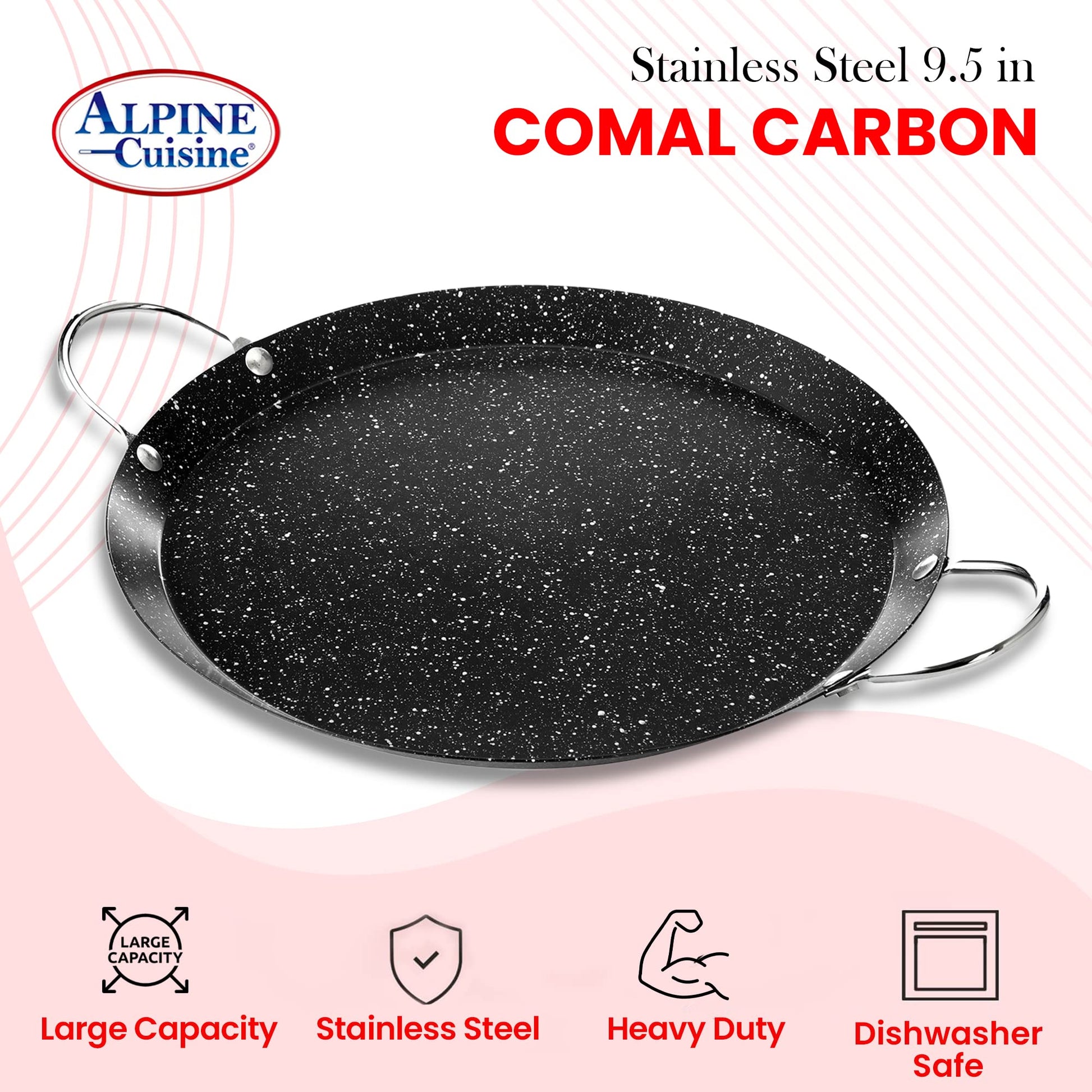 Alpine Cuisine - Plancha redonda Comal de 9.5 pulgadas, plancha negra con doble asa duradera, duradera y resistente Comal para cocinar, calentamiento uniforme