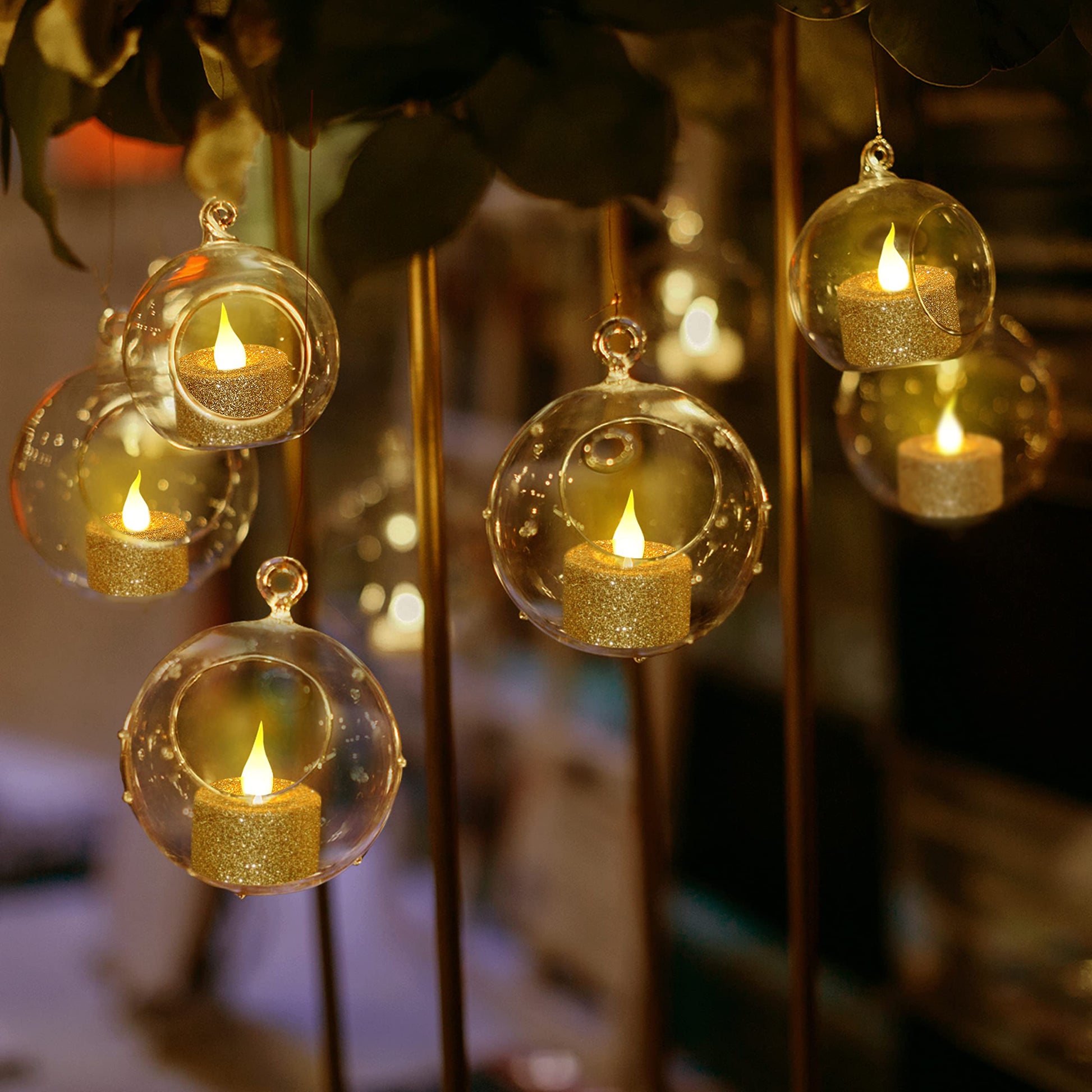 FURORA LIGHTING - Velas LED con purpurina dorada, paquete de 12, velas parpadeantes sin llama para decoración del hogar, 1.5 pulgadas de ancho x 1.65 pulgadas de alto, funciona con pilas