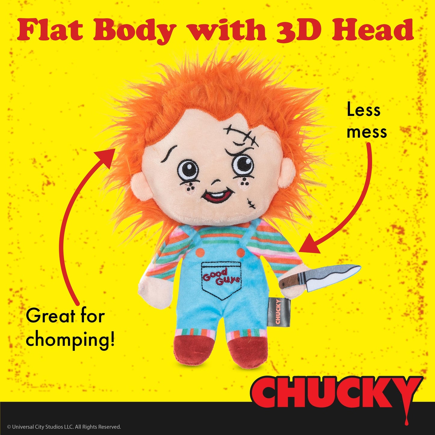 CHUCKY - Juguete de peluche de 9 pulgadas para perros con cuerpo plano | Juguete chirriante para perros de tamaño mediano, juguete masticable para perros con chirriador | Juguetes de película de