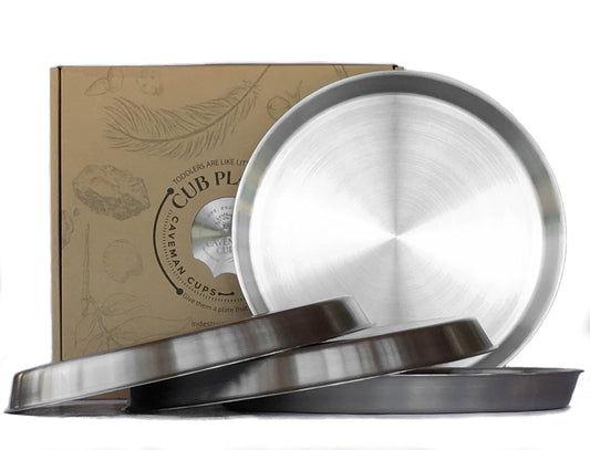 Caveman PREMIUM HEAVY DUTY STAINLESS STEEL KIDS PLATES Baby Toddler Snacks 4 Pack