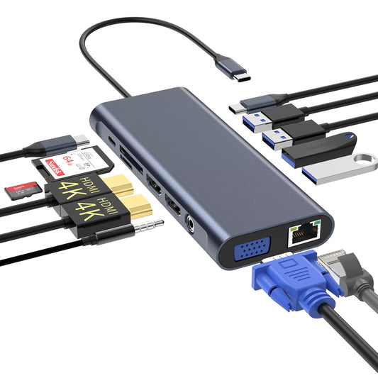 Concentrador de estación de acoplamiento USB C (13 en 1) con 2 puertos HDMI 4K, Ethernet, VGA, audio, USB3.0 TF/SD Dongle Dongle compatible con MacBook iPad Pro, Dell Hp Lenovo