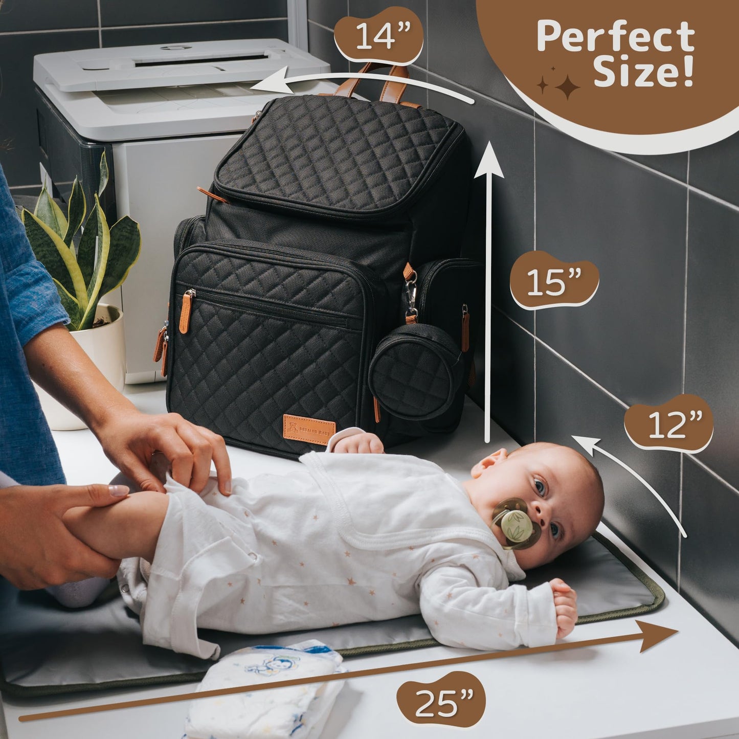 DELMAR BABY - Mochila grande para pañales – New Born Essentials para bebé – Mochila unisex para pañales, verde militar, Negro -, Large, Bolsa de pañales moderna para bebé