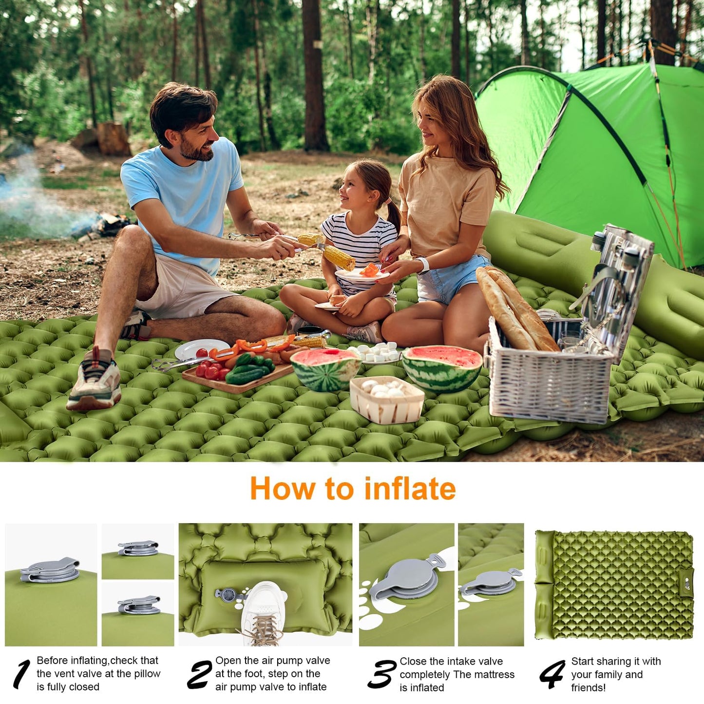 TEKIK - Almohadilla de Dormir para Camping, Ultraligera, autoinflable, para 2 Personas con Almohada, Bomba de pie integrada para Camping, Senderismo, Bolsa de Transporte, Kit de reparación