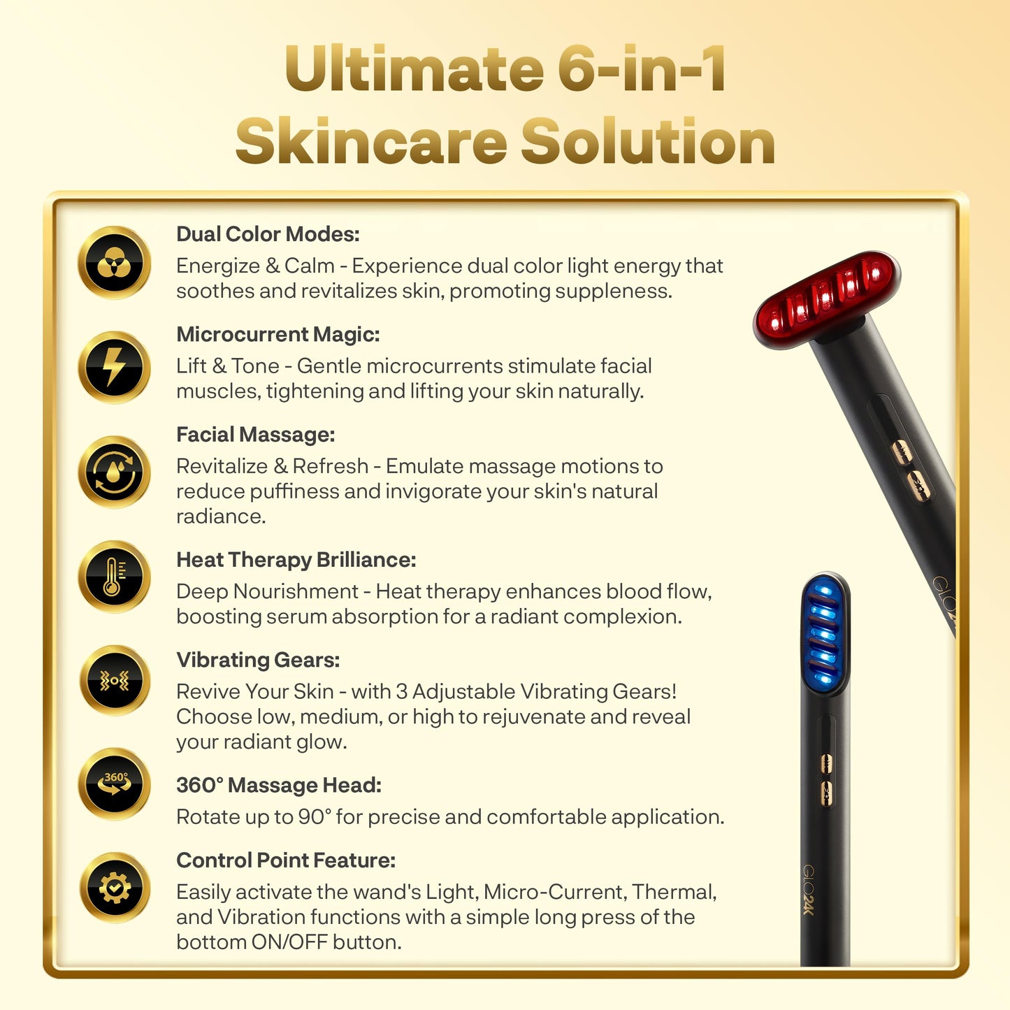 Varita de Terapia de Belleza GLO24K Dorada 6 en 1 con Luz LED, Térmica, Vibración y Microcorriente para Rostro, Ojos y Cuello