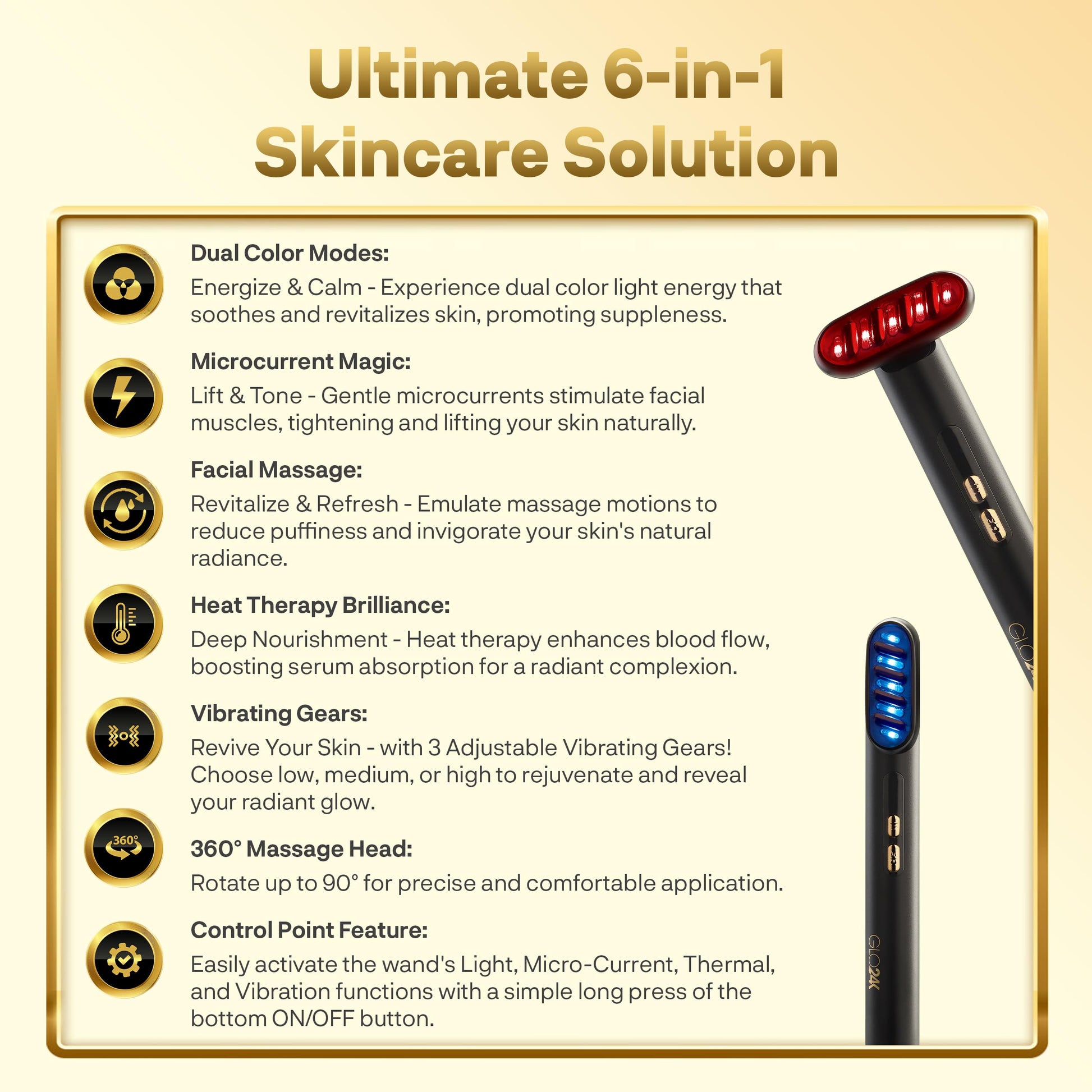 Varita de Terapia de Belleza GLO24K Dorada 6 en 1 con Luz LED, Térmica, Vibración y Microcorriente para Rostro, Ojos y Cuello
