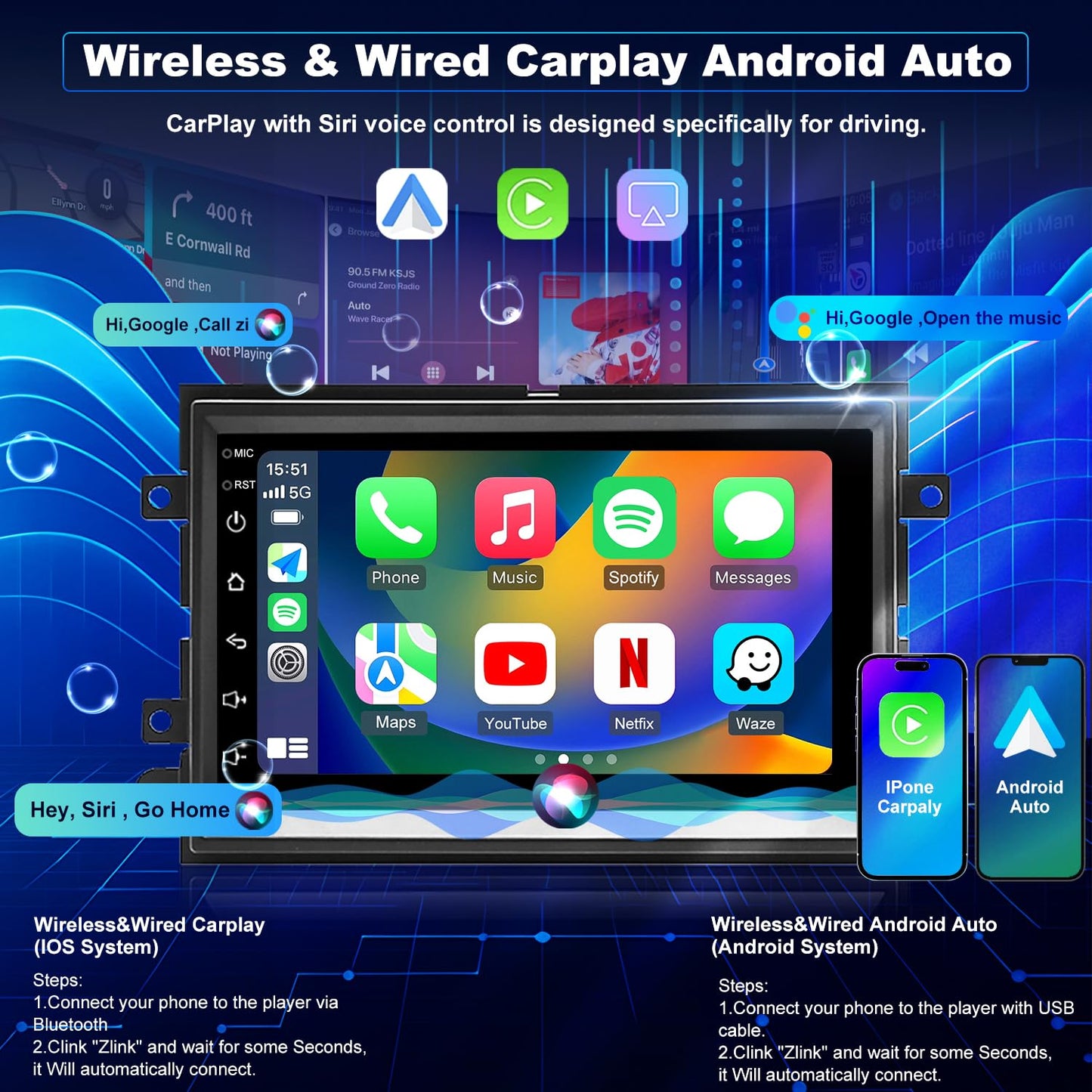 Radio de Coche con Actualización WiFi Android para Ford Mustang 2005-2009, Explorer 2006-2010, Ford E150/E250/E350 2009-2014 Unidad Principal de Estéreo de Pantalla Táctil de 7 Pulgadas Inalámbrica