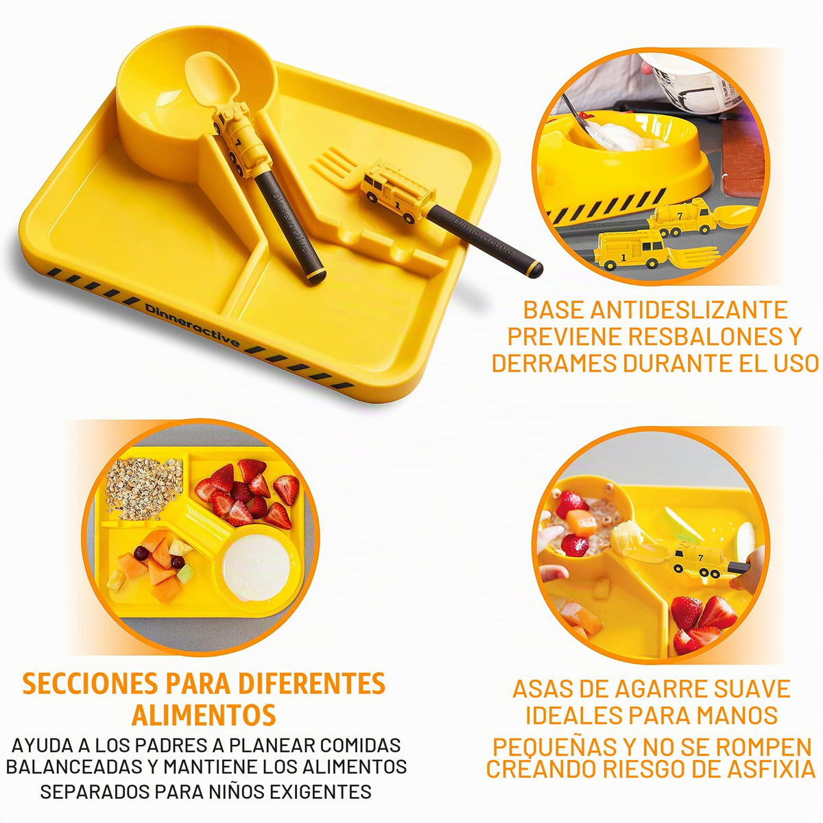 Dinneractive - Juego de comedor para niños, 3 piezas de vajilla amarilla para bomberos - Utensilios para camiones de bomberos - Platos para bebés
