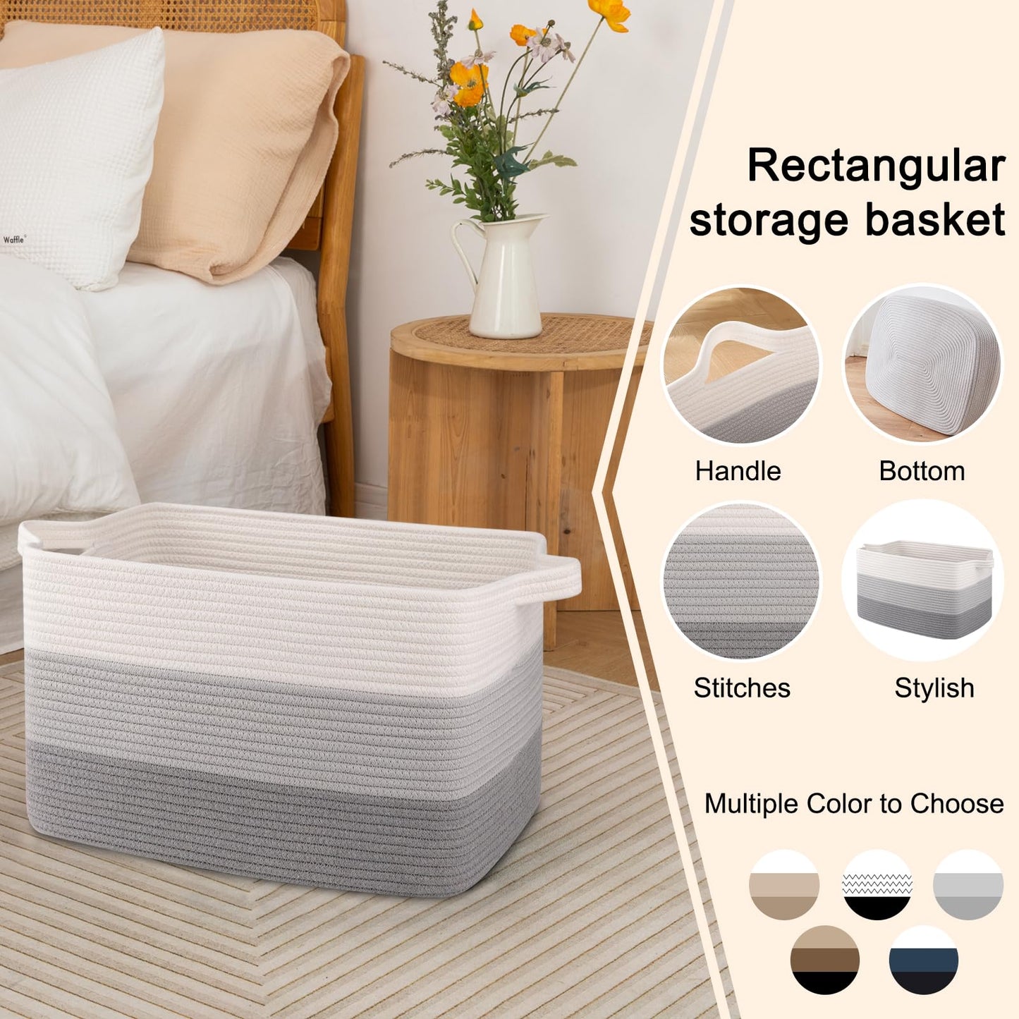 OIAHOMY - Cesta de cuerda de algodón, rectangular, para almacenamiento, 18 x 14 x 12 pulgadas, gris degradado