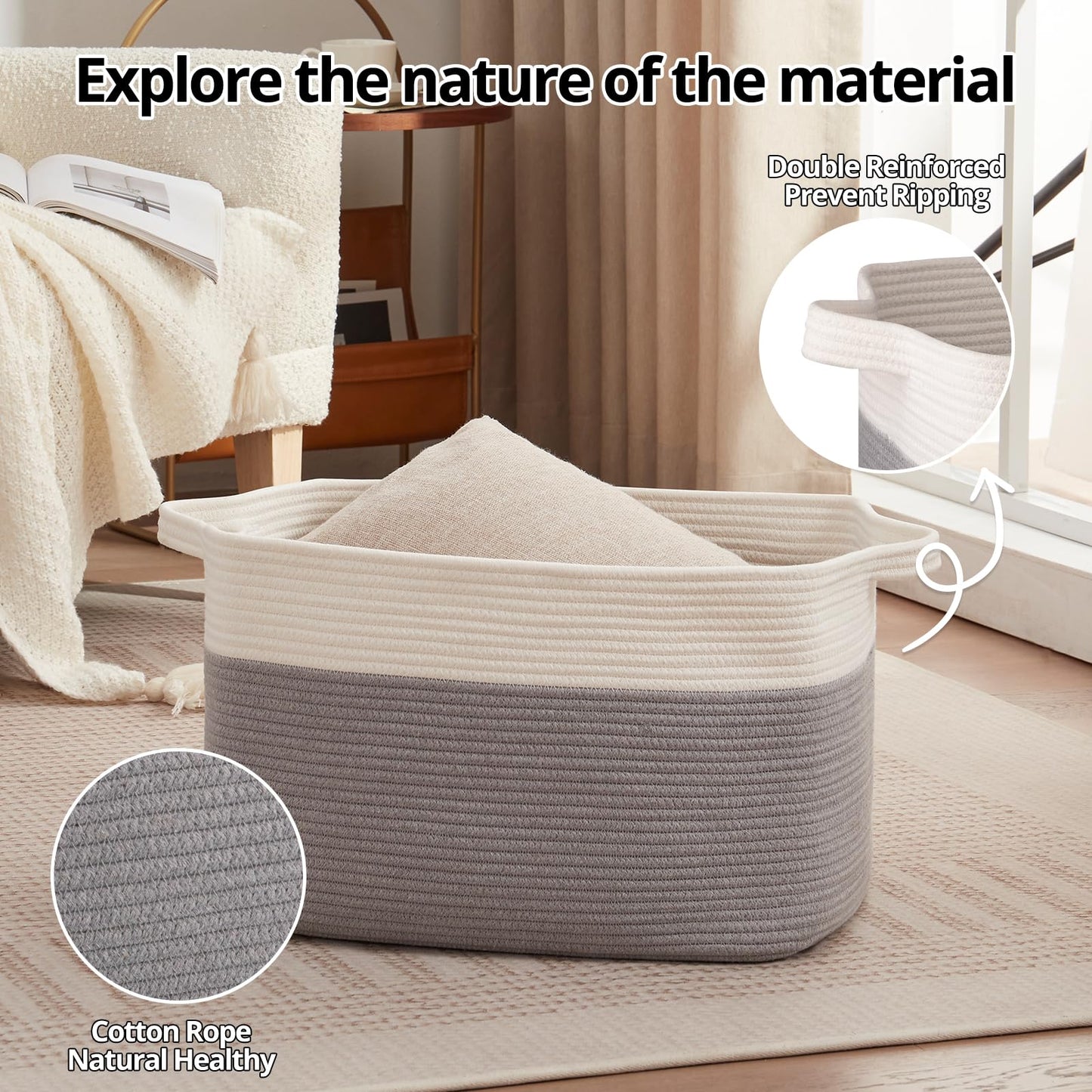 OIAHOMY - Cesta de manta grande, de algodón de 65 litros, cesta de ropa tejida para habitación de bebé, contenedor para almacenamiento de mantas en sala de estar, 20 x 16 x 12 pulgadas, gris y blanco