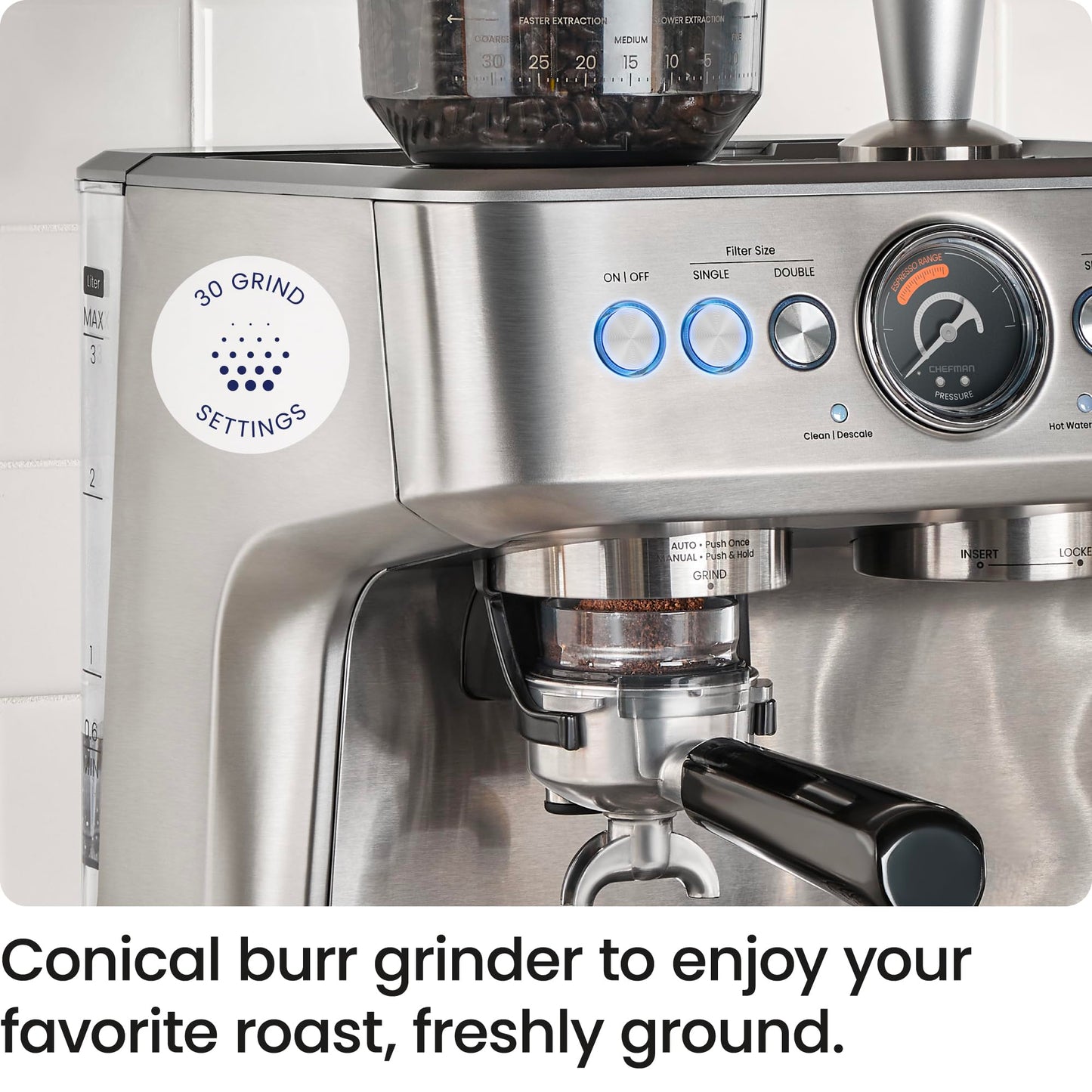 Chefman Crema Supreme - Máquina de café expreso de 15 barras con espumador de leche, barra de vapor Barista, cafetera profesional con molinillo de café, 30 ajustes de molienda, tanque de agua