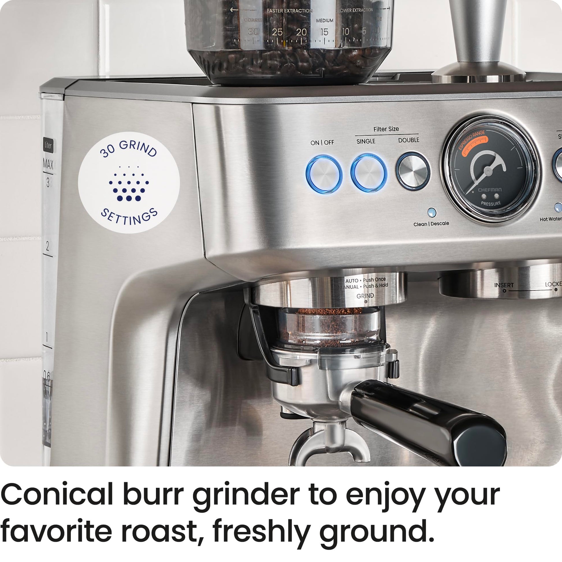 Chefman Crema Supreme - Máquina de café expreso de 15 barras con espumador de leche, barra de vapor Barista, cafetera profesional con molinillo de café, 30 ajustes de molienda, tanque de agua