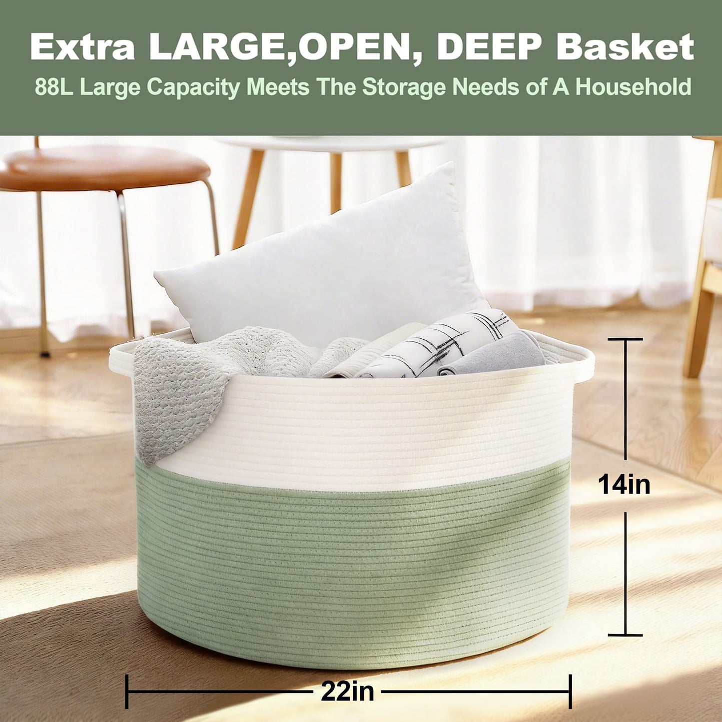 MEGASKET Cesta extragrande para cobijas, 56 x 56 x 36 cm, contenedor de almacenamiento de juguetes para niños y mascotas, organizador de juguetes para bebés y niños pequeños, cesta tejida de cuerda de