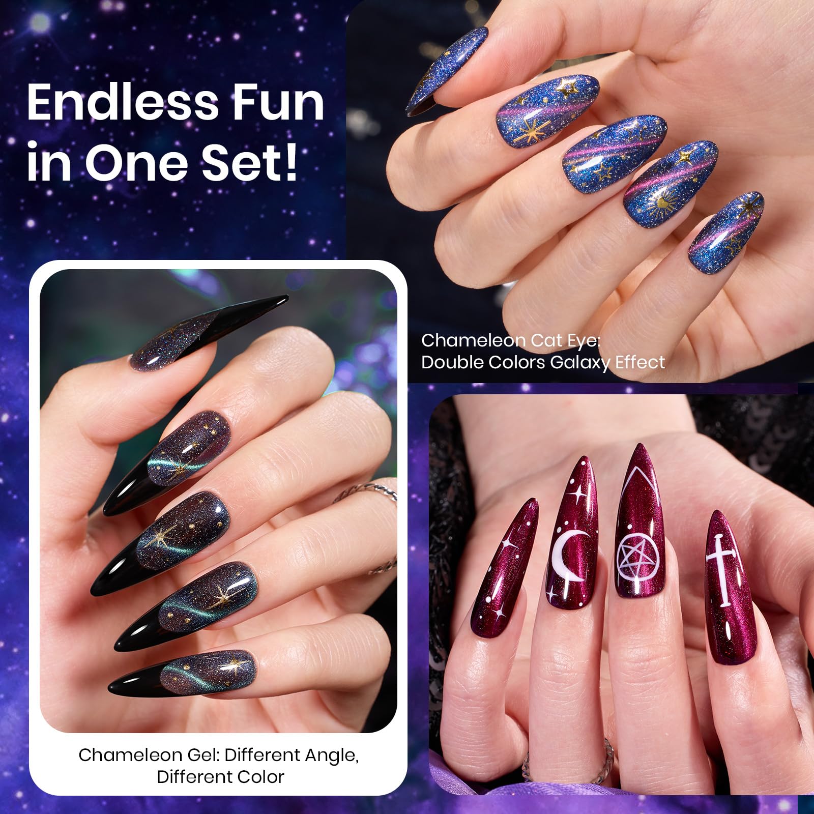 Beetles Milky Way - Juego de esmaltes de uñas de gel con purpurina, 6 unidades, color negro, morado, azul, galaxia, lámpara UV, ojos de gato, imán que cambia de color, gel camaleón fantasma brillante, regalo para mujeres y niñas