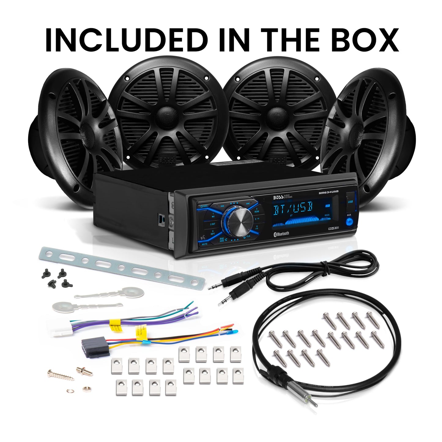 Boss Audio Systems MCBK634B.64 Paquete de Altavoces Receptor Marino Resistente a la Intemperie – Receptor MR634UAB, USB, Radio Am/FM, sin Reproductor de CD, Audio Bluetooth, Cuatro Altavoces MR6B de