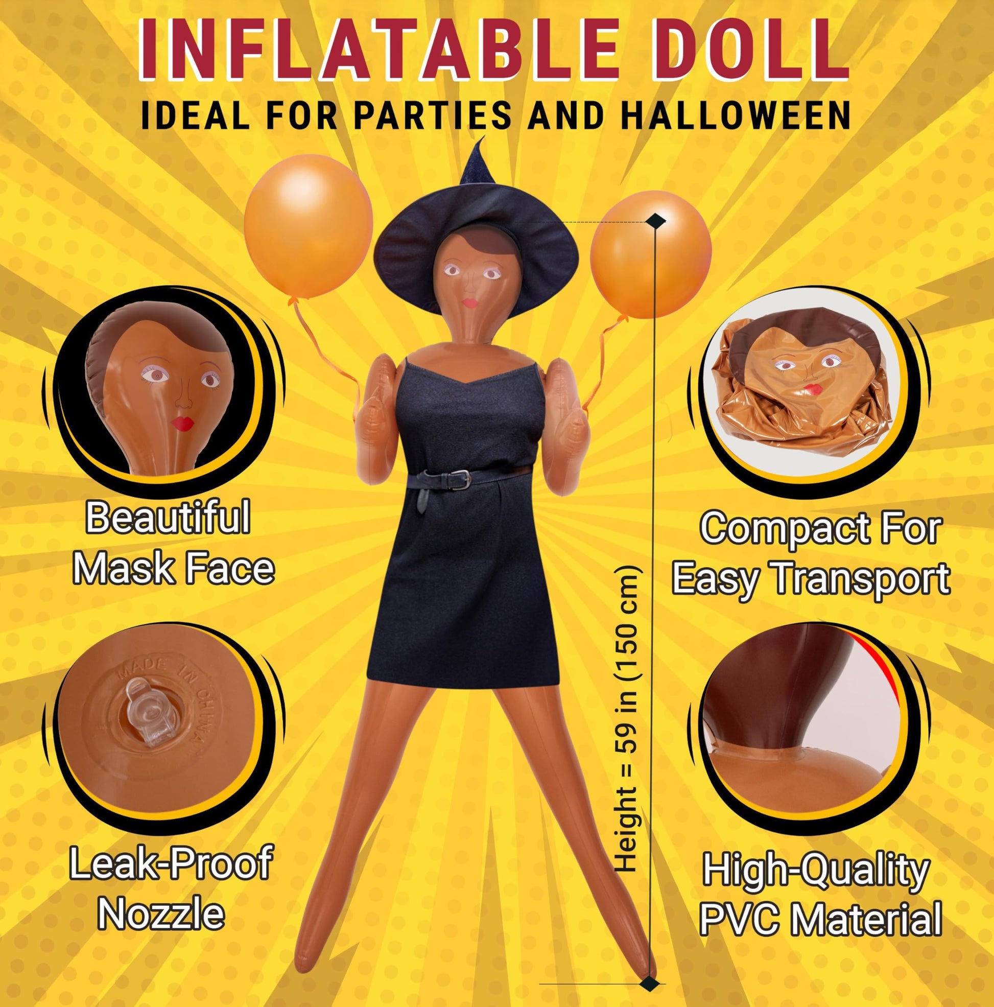 AIR GAG Blow up Doll - Muñeca Inflable - Regalo Divertido para Fiesta de Despedida de Soltero, Despedida de Soltera, Bromas, Cumpleaños, Fiestas Patrias y Eventos Divertidos (Ropa No Incluida)