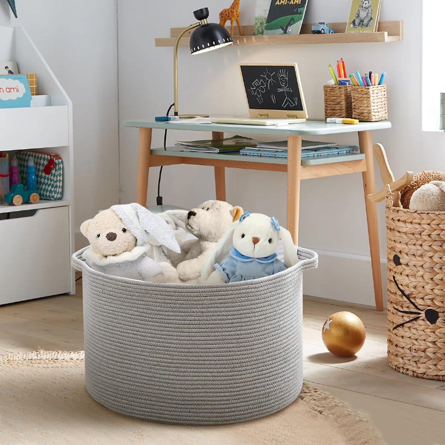 MEGASKET Cesta de almacenamiento extragrande gris, 22 x 22 x 14 pulgadas, cesta de manta XXXL para sala de estar, cestas de cuerda de algodón tejido de mimbre gris para almacenamiento, cestas