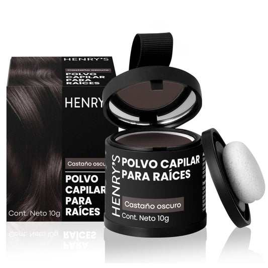 Henrys Polvo para Retocar Raíces Castaño Oscuro, Rellena Zonas Escasas, Define la Línea del Cabello y Cubre el Crecimiento de Raíces al Instante y en Cualquier Momento, Fibras Capilares Hairline Powder. Calvicie, Caida de Cabello o falta de Volumen para M