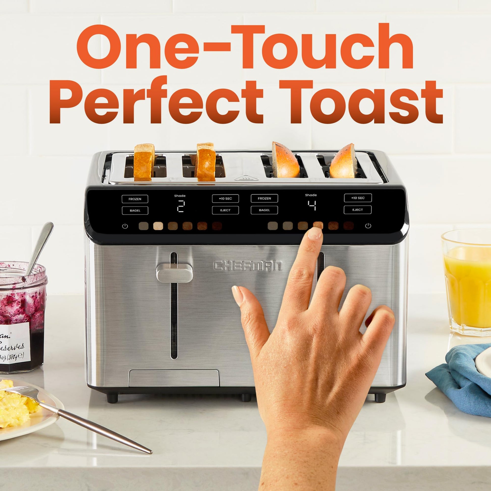 Chefman tostador digital Smart Touch de 4 rebanadas, 6 ajustes de sombra, tostador de bagel con visualización táctil, 4 rebanadas con ranuras extra anchas, + 10 segundos, descongelación, bandeja