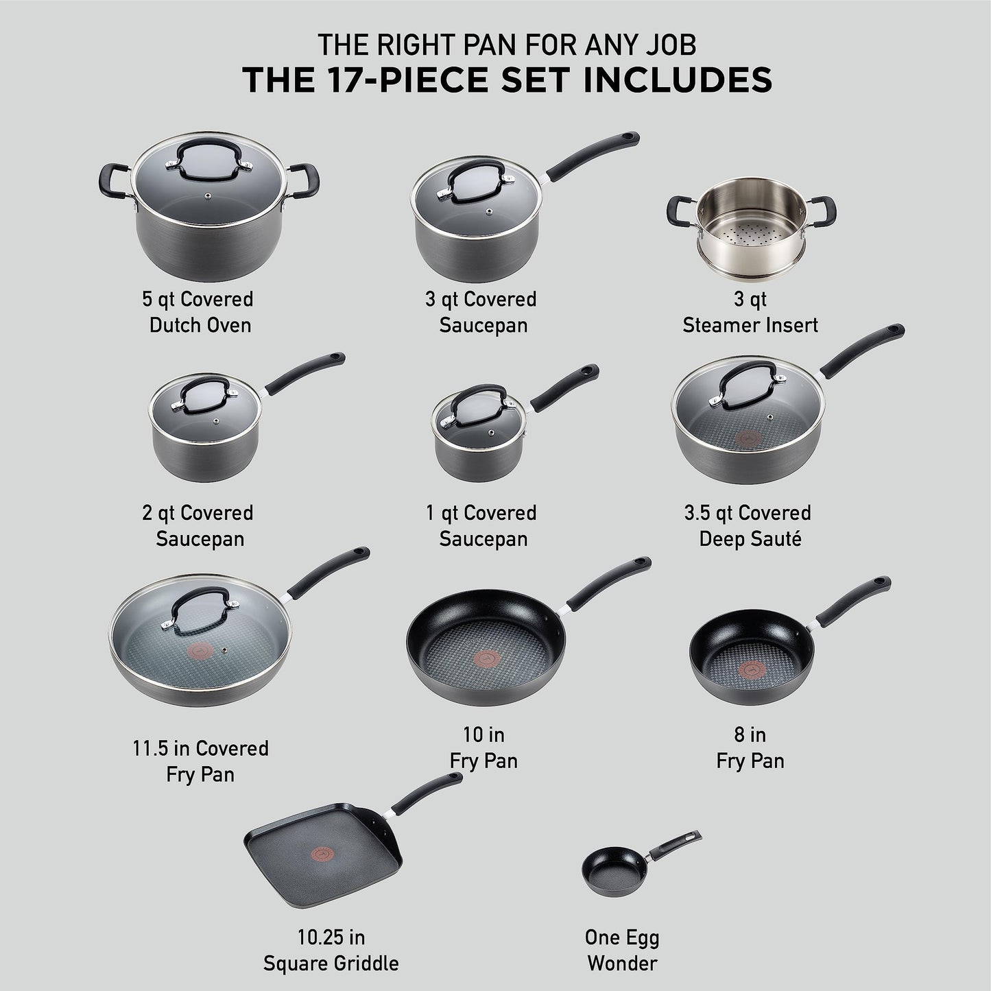 Set de Ollas T-fal Gris Anodizado Duro Máximo Interior Antiadherente Expert con Indicador Thermo-Spot 17 Piezas