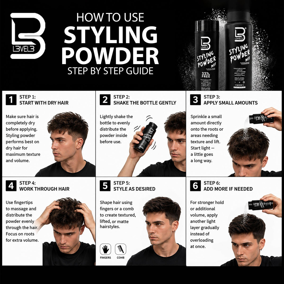 L3 - Polvo de peinado de nivel 3, polvo de aspecto natural para hombre, fácil de aplicar sin aceite ni residuos grasos