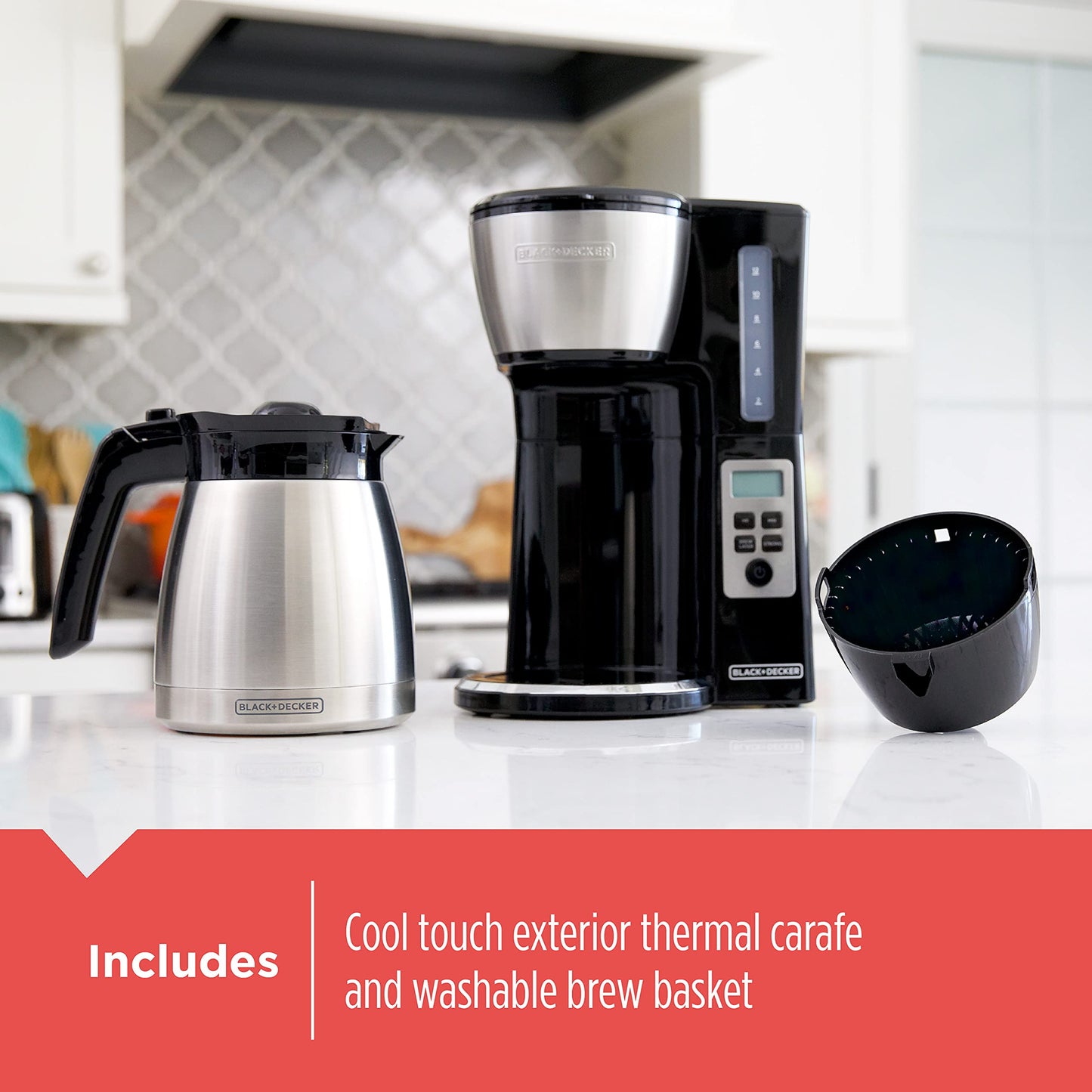 BLACK+DECKER - Cafetera térmica programable de 12 tazas con fuerza de infusión y tecnología VORTEX, color negro y acero