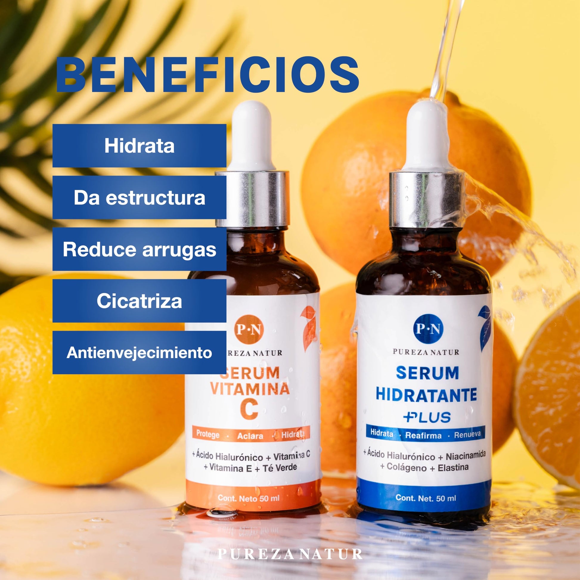 PUREZA NATUR Pack reparación intensiva serum faciales día y noche Serum Acido Hialuronico + Colageno + Elastina Niacinamida y Suero Vitamina C + Vit E | Serum de alta efectividad antiedad Sueros para todo tipo de piel 50ml cu