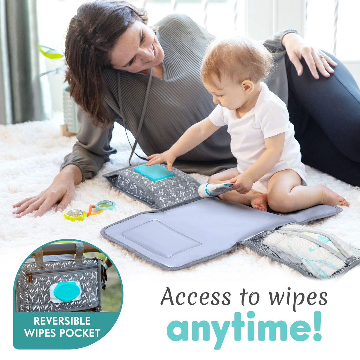 Kopi Baby - Cambiador de pañales portátil para bebé, bolsa de viaje con bolsillo para toallitas, tapete cambiador portátil de diseño inteligente, kit de estación de viaje para bebés, regalo para niñas