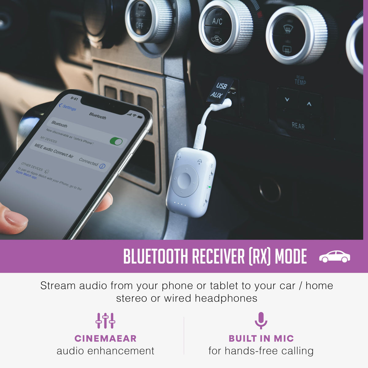 Transmisor y Receptor Inalámbrico MEE Audio Connect Air Pro Negro con Adaptador 2 en 1 y Cable Desmontable para Auriculares Bluetooth
