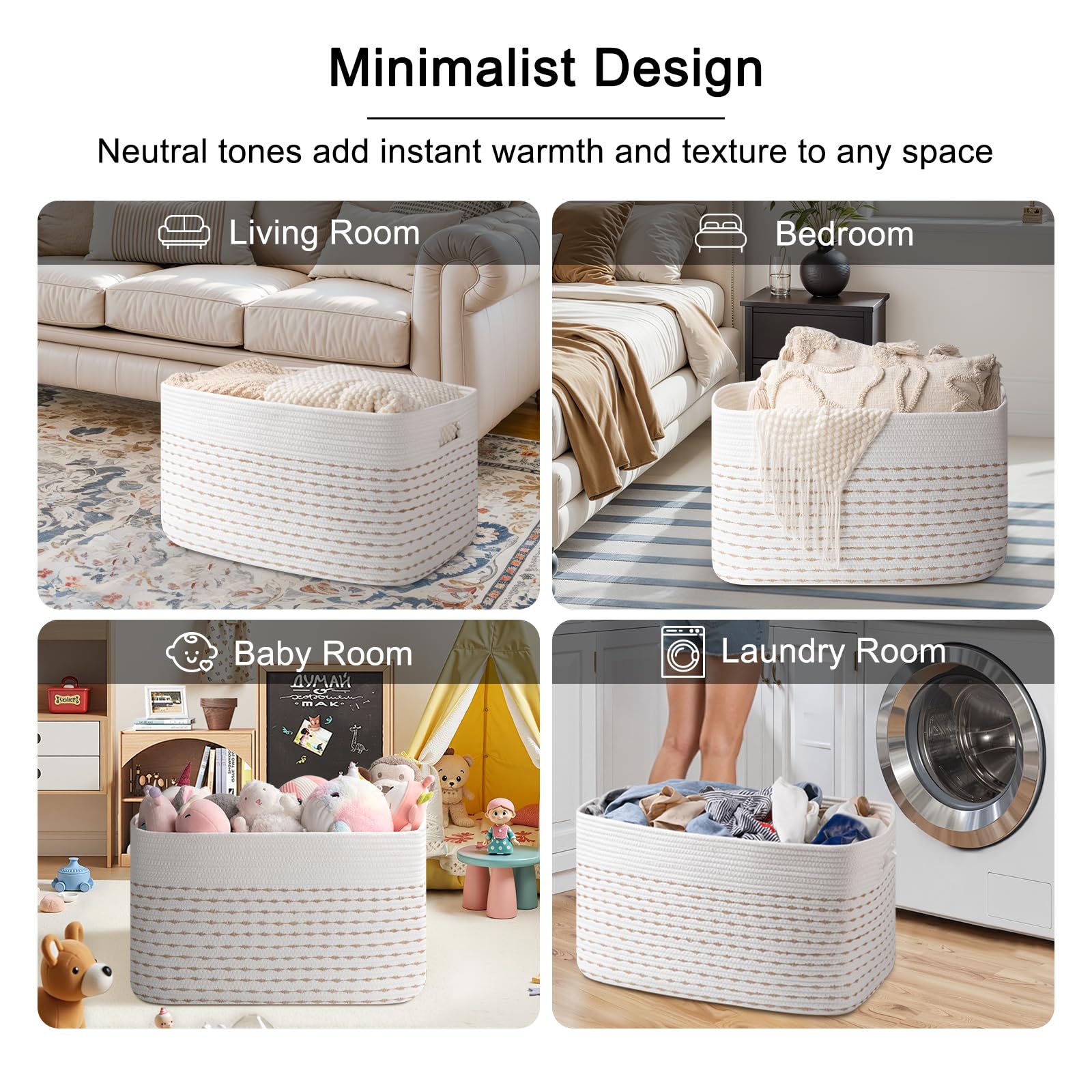 OIAHOMY - Cesta de manta de 75 l, cesta de cuerda de algodón tejida para organizar 22 x 17 x 12 pulgadas, utilizada para sala de estar, recámara, guardería, amarillo claro y blanco