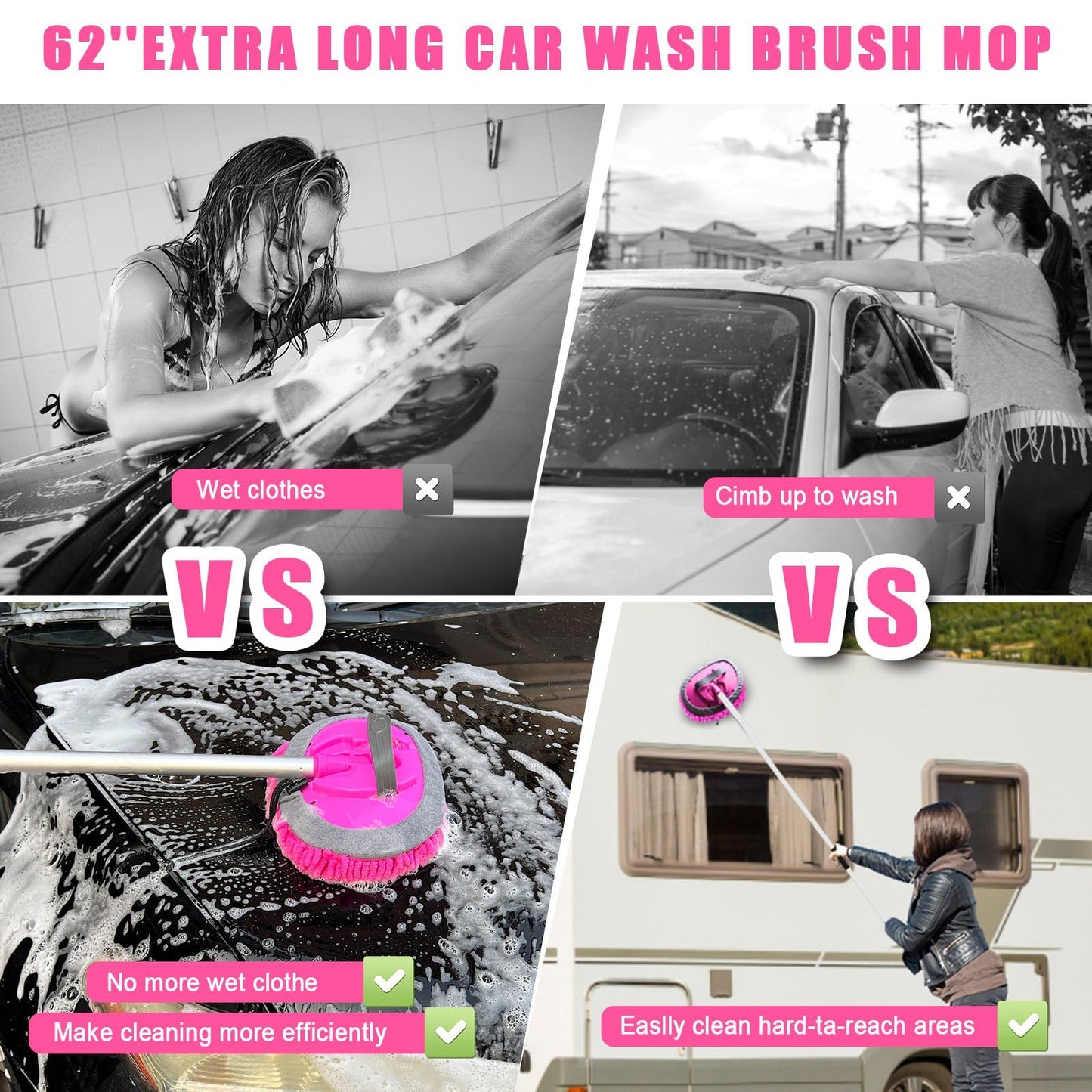 Juego de Brochas de Lavado de Coche con Mango Largo Rosa de 62 Pulgadas