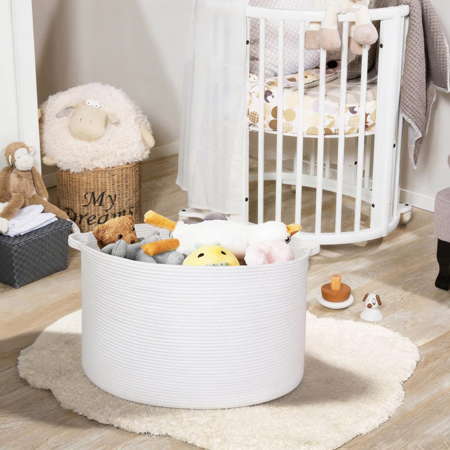 MEGASKET - Cesta de almacenamiento de cuerda de algodón blanco, 22 x 22 x 14 pulgadas, manta extragrande, almacenamiento para sala de estar, cesta de juguetes suaves XL para organizar, cesta de