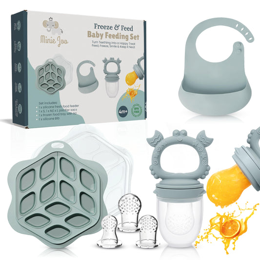 Comedero de Frutas para Bebé con Babero Ajustable y Moldes de Paletas de Leche Materna en Azul