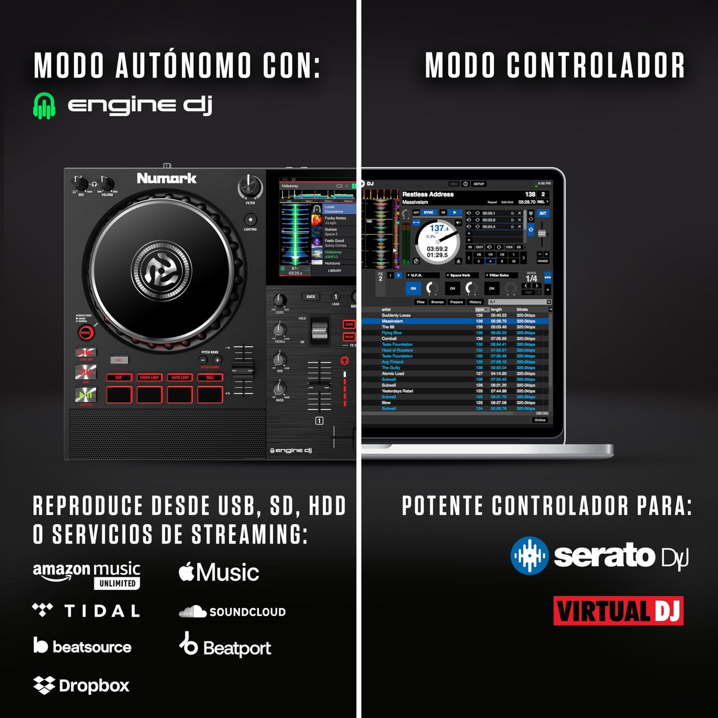 Controlador DJ Numark Mixstream Pro+ en Negro con Pantalla Táctil de 7 Pulgadas y Streaming por Wifi